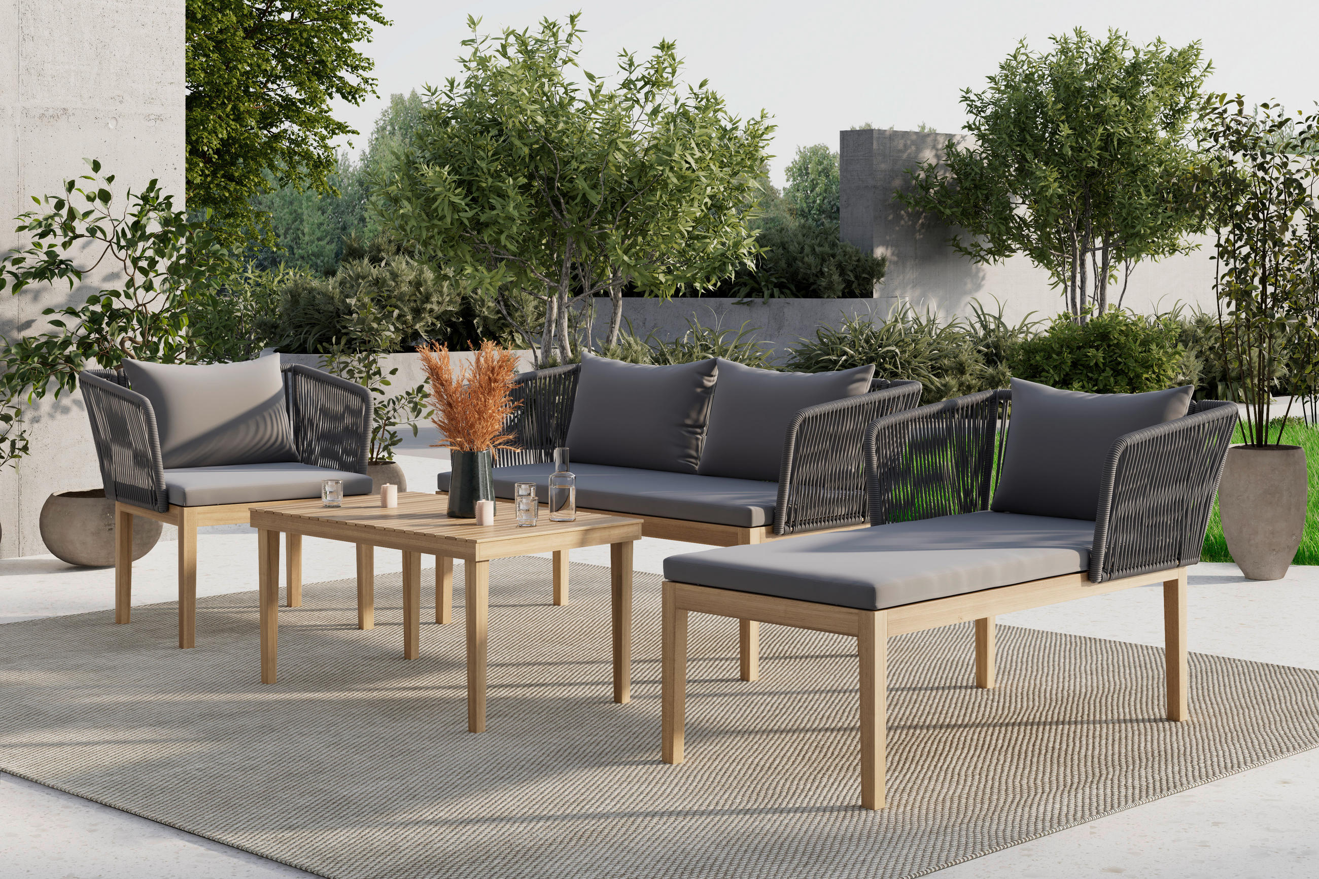 LOUNGE GARNITURA   drvo, metal, plastika, tekstil  siva, boje bagrema    - siva/boje bagrema, Moderno, drvo/metal (160/74/84cm) - Ambia Garden