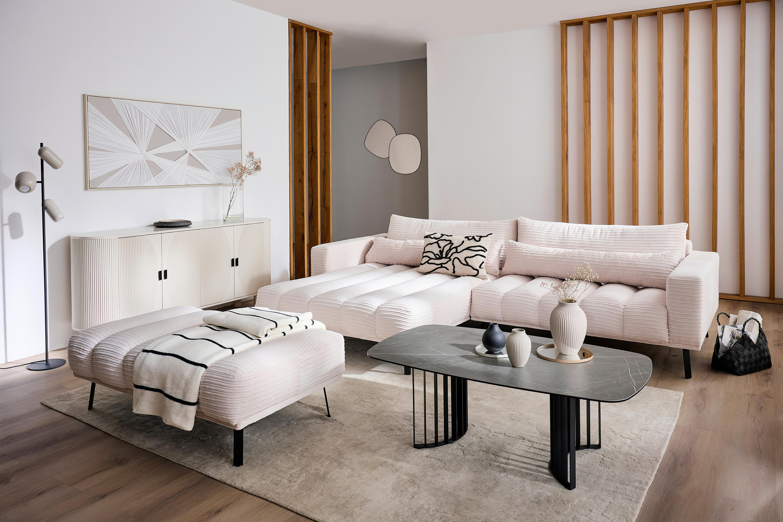 ECKSOFA in Cord Beige  204/291 cm  - Beige/Schwarz, Design, Textil/Metall (204/291cm) - Lomoco