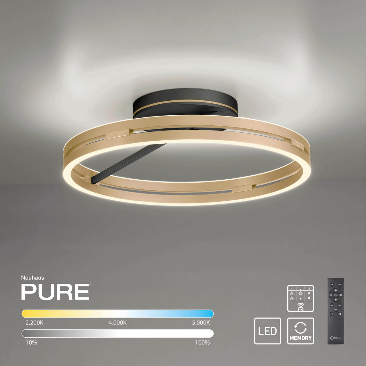 LED-DECKENLEUCHTE 60/60/17.8 cm  - Messingfarben/Schwarz, Design, Kunststoff/Metall (60/60/17.8cm) - Neuhaus PURE