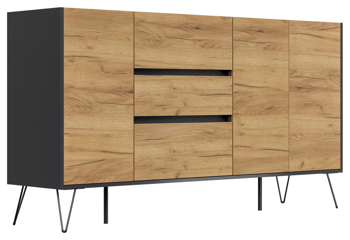 SIDEBOARD Posseik Industrial 177/93,6/42 cm 3 Schublade(n)  - Eichefarben/Graphitfarben, Design, Holzwerkstoff/Metall (177/93,6/42cm) - P & B