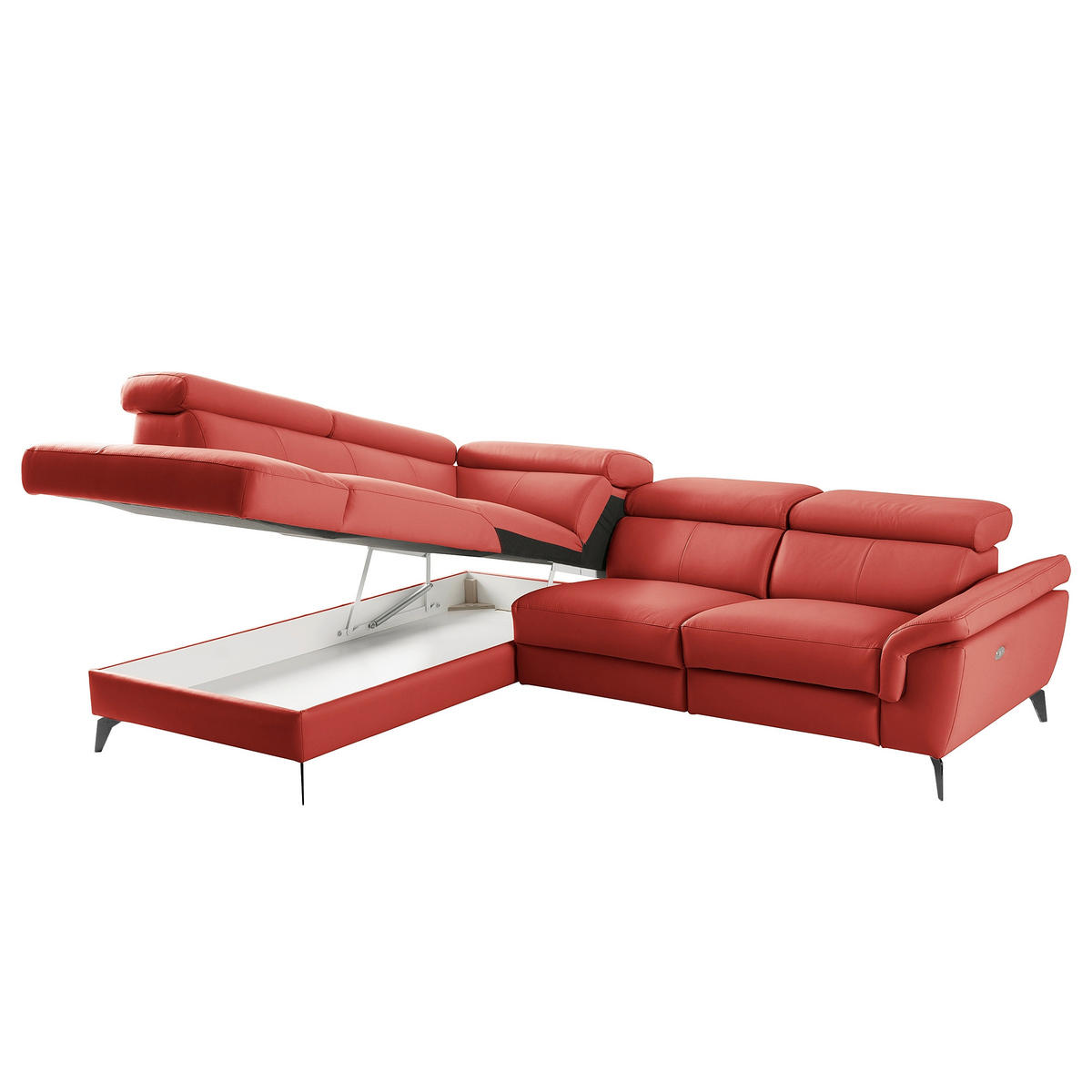 ECKSOFA SONO in Lederlook Echtleder Rot Bettkasten, Armteilverstellung, Kopfteilverstellung  210/265 cm  - Rot/Schwarz, Design, Leder/Textil (210/265cm) - Livetastic