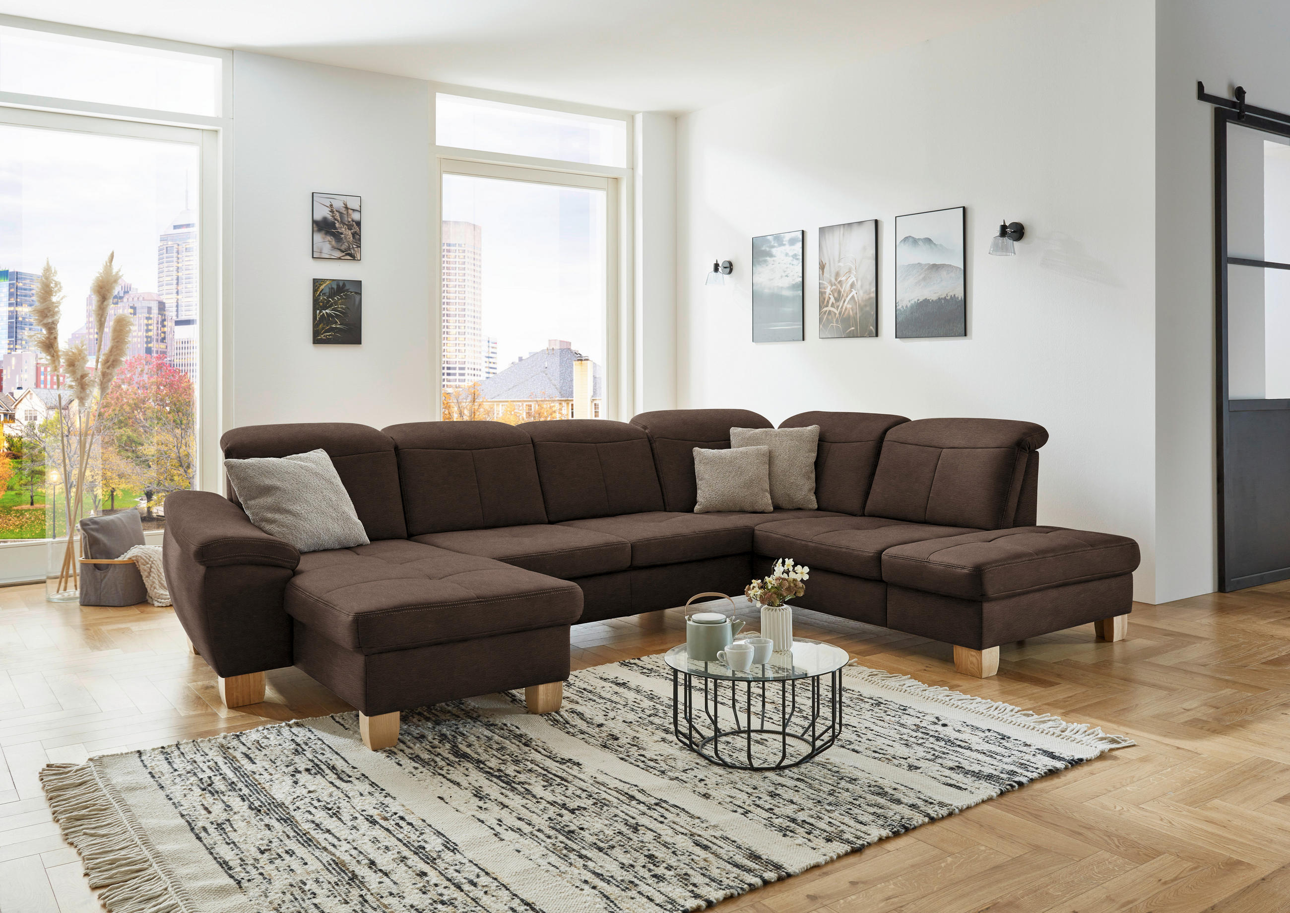 WOHNLANDSCHAFT Braun Mikrofaser  - Wildeiche/Beige, KONVENTIONELL, Holz/Textil (185/343/243cm) - Voleo
