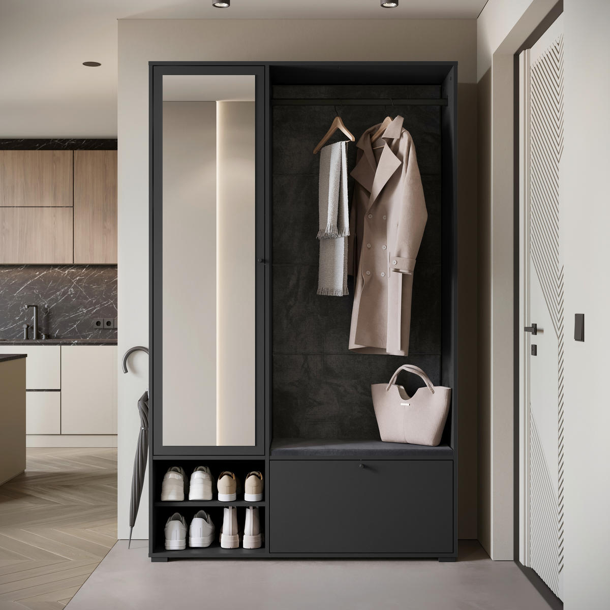 GARDEROBE 4-teilig  in 117,3/190/33 cm  - Schwarz, Basics, Holzwerkstoff (117,3/190/33cm) - P & B