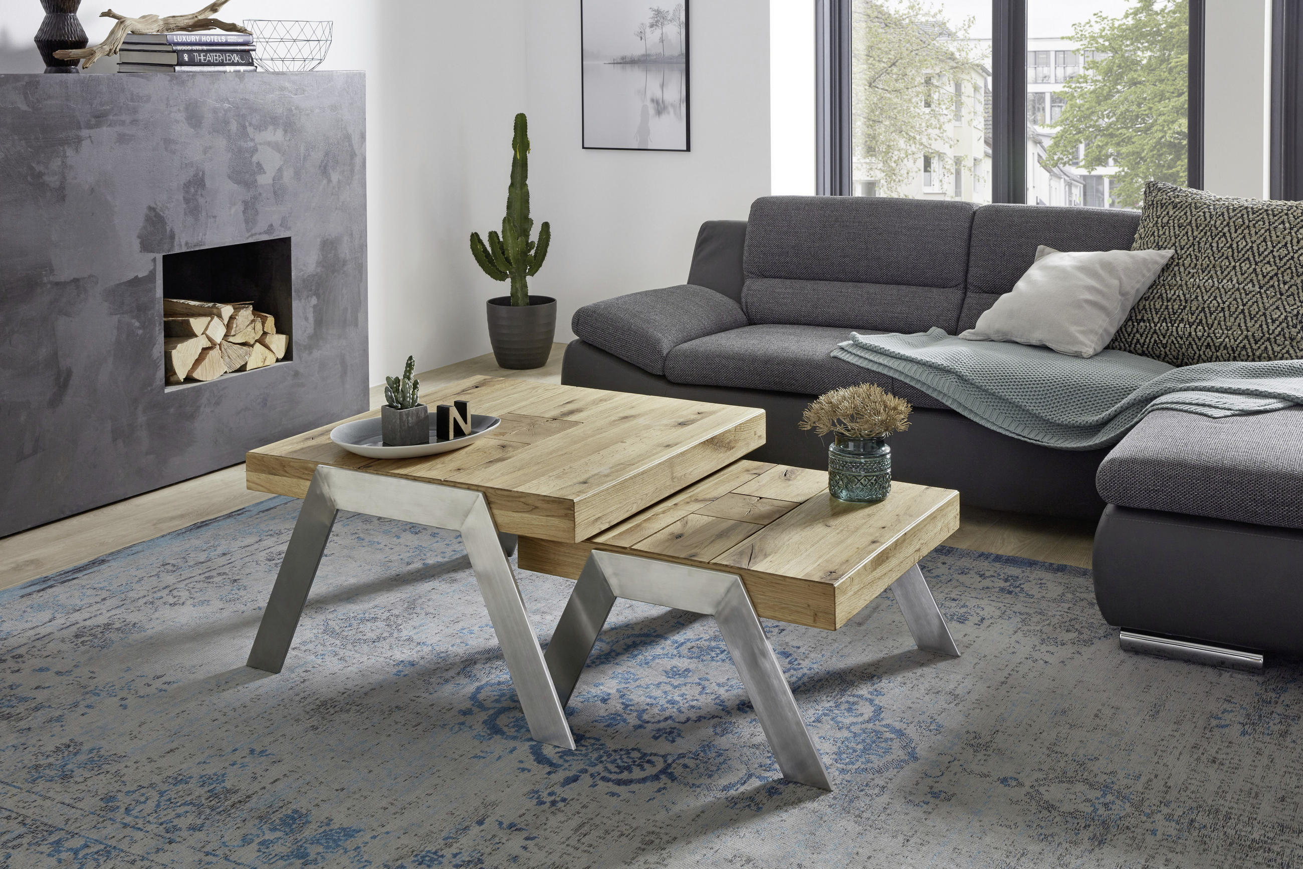 COUCHTISCH Altholz vollmassiv 80/82,5/45 cm rechteckig Eichefarben, Edelstahlfarben  - Edelstahlfarben/Eichefarben, Basics, Holz/Metall (80/82,5/45cm)