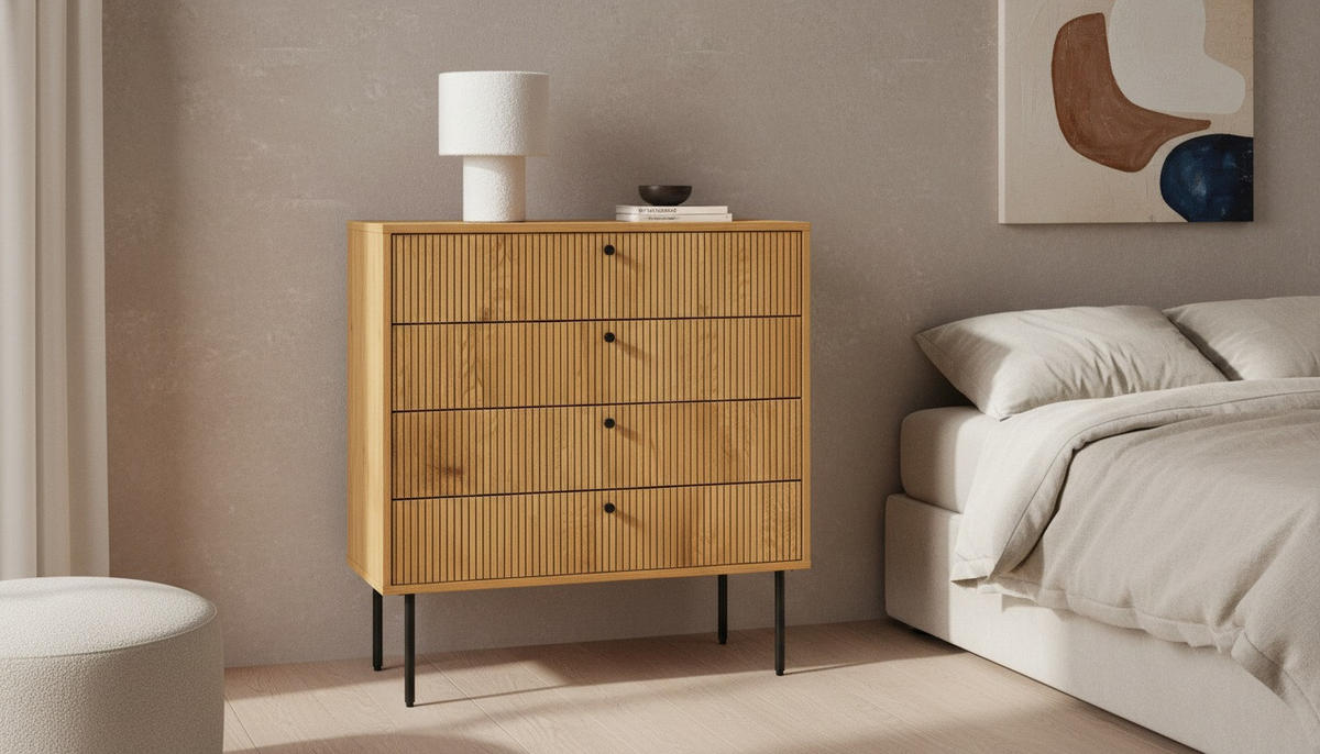 KOMODA, barve hrasta  - črna/barve hrasta, Design, kovina/leseni material (80/85/40cm) - Carryhome