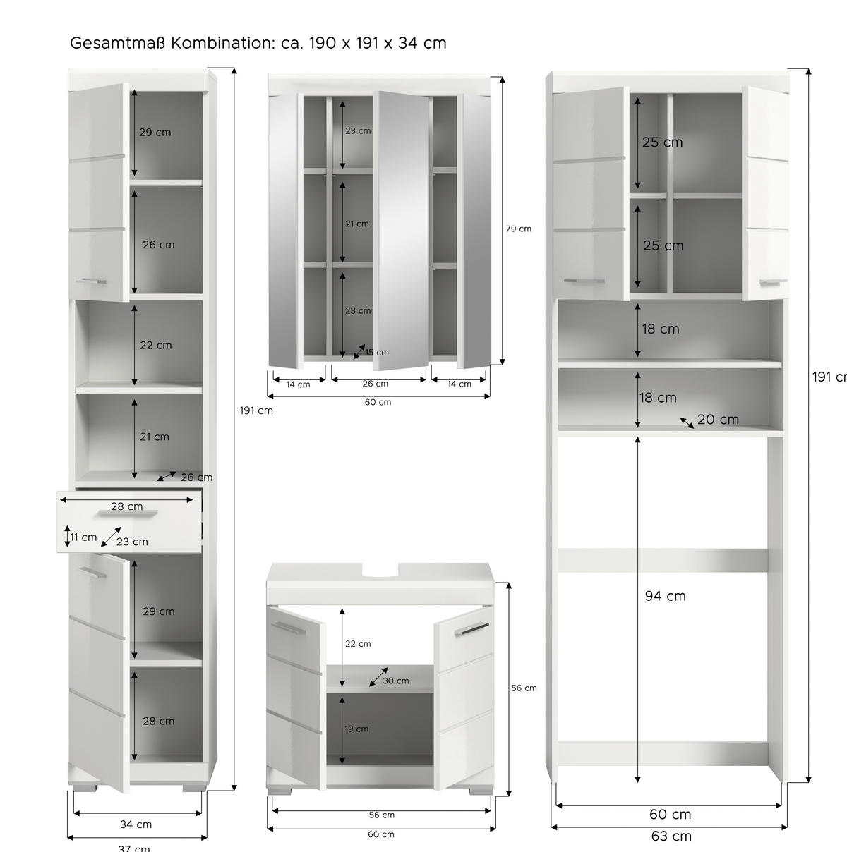 BADEZIMMER 4-teilig  in 160 cm  - Weiß Hochglanz/Silberfarben, MODERN, Glas/Holzwerkstoff (160cm) - MID.YOU