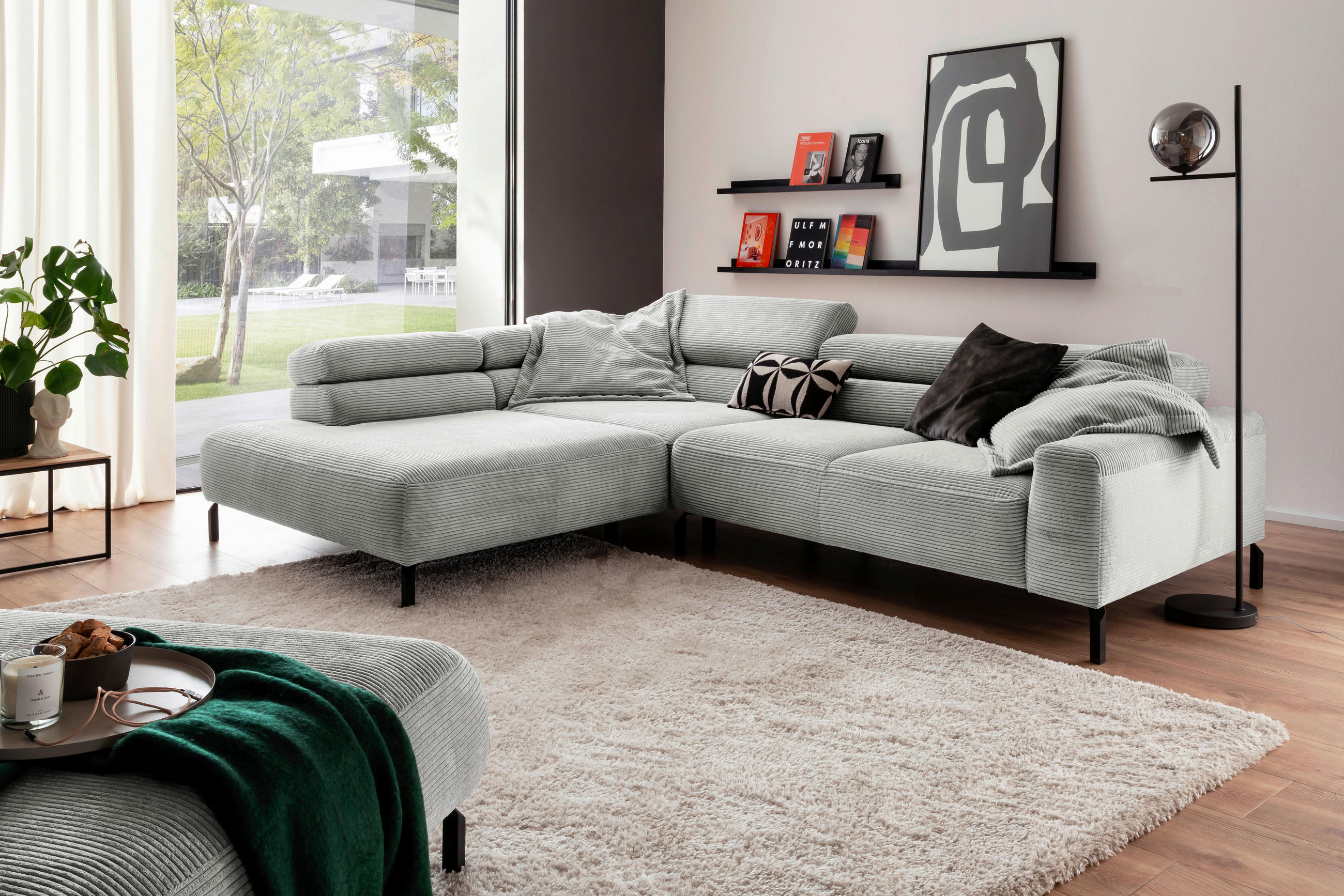 ECKSOFA inkl. Funktion in Cord Petrol  - Petrol/Schwarz, Modern, Textil/Metall (219/309cm) - Pure Home Lifestyle