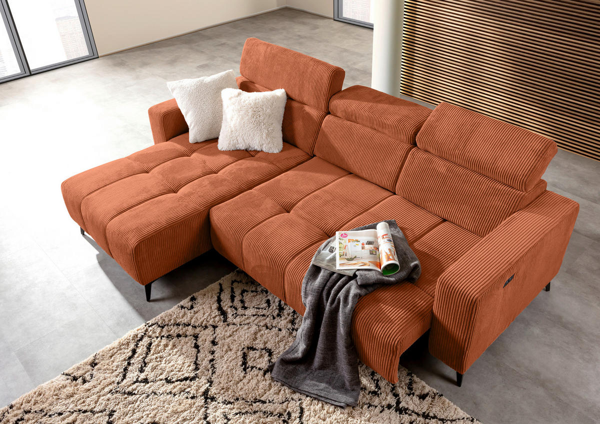 ECKSOFA Rostfarben Cord Rücken echt, Kopfteilverstellung, Sitzvorzug  - Rostfarben/Schwarz, KONVENTIONELL, Textil/Metall (170/257cm) - Carryhome