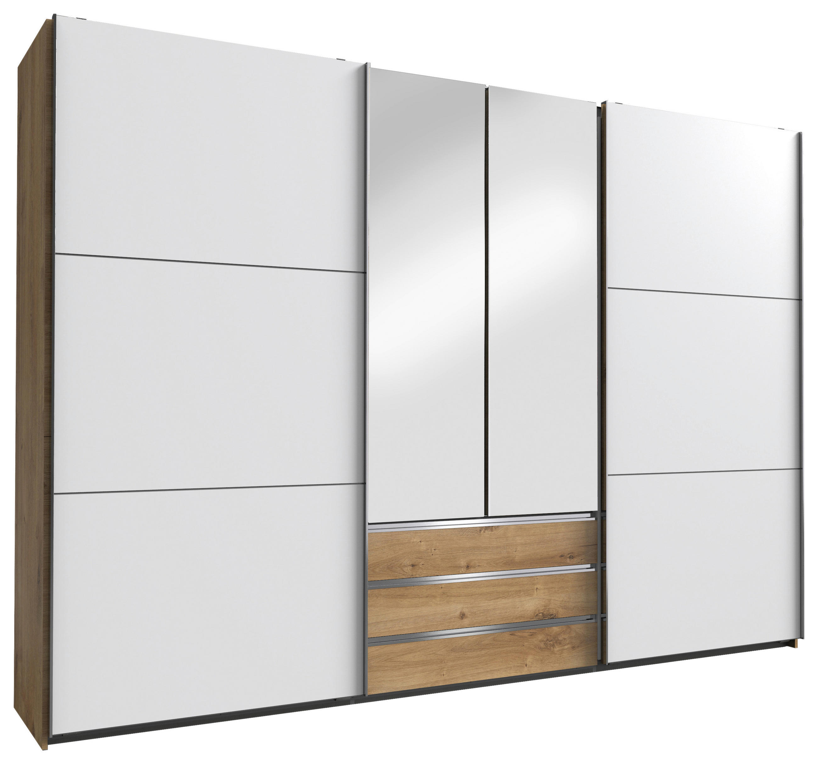 SCHWEBETÜRENSCHRANK 300/216/65 cm 4-türig Silberfarben, Weiß, Eichefarben  - Chromfarben/Eichefarben, MODERN, Glas/Holzwerkstoff (300/216/65cm) - MID.YOU