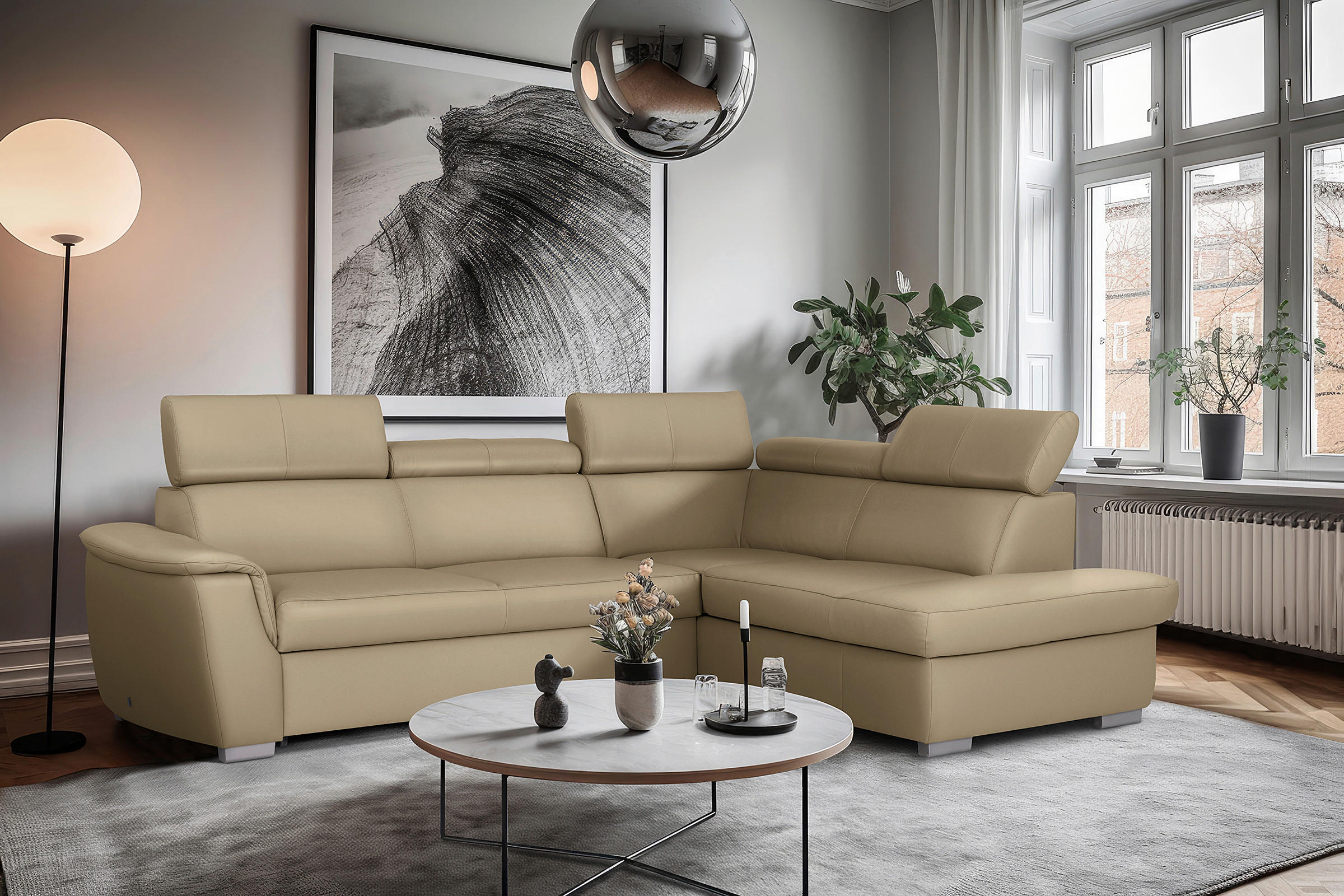 ECKSOFA  in Lederlook Echtleder Hellgrau  - Silberfarben/Hellgrau, Leder/Holz (262/211cm) - Celina Home