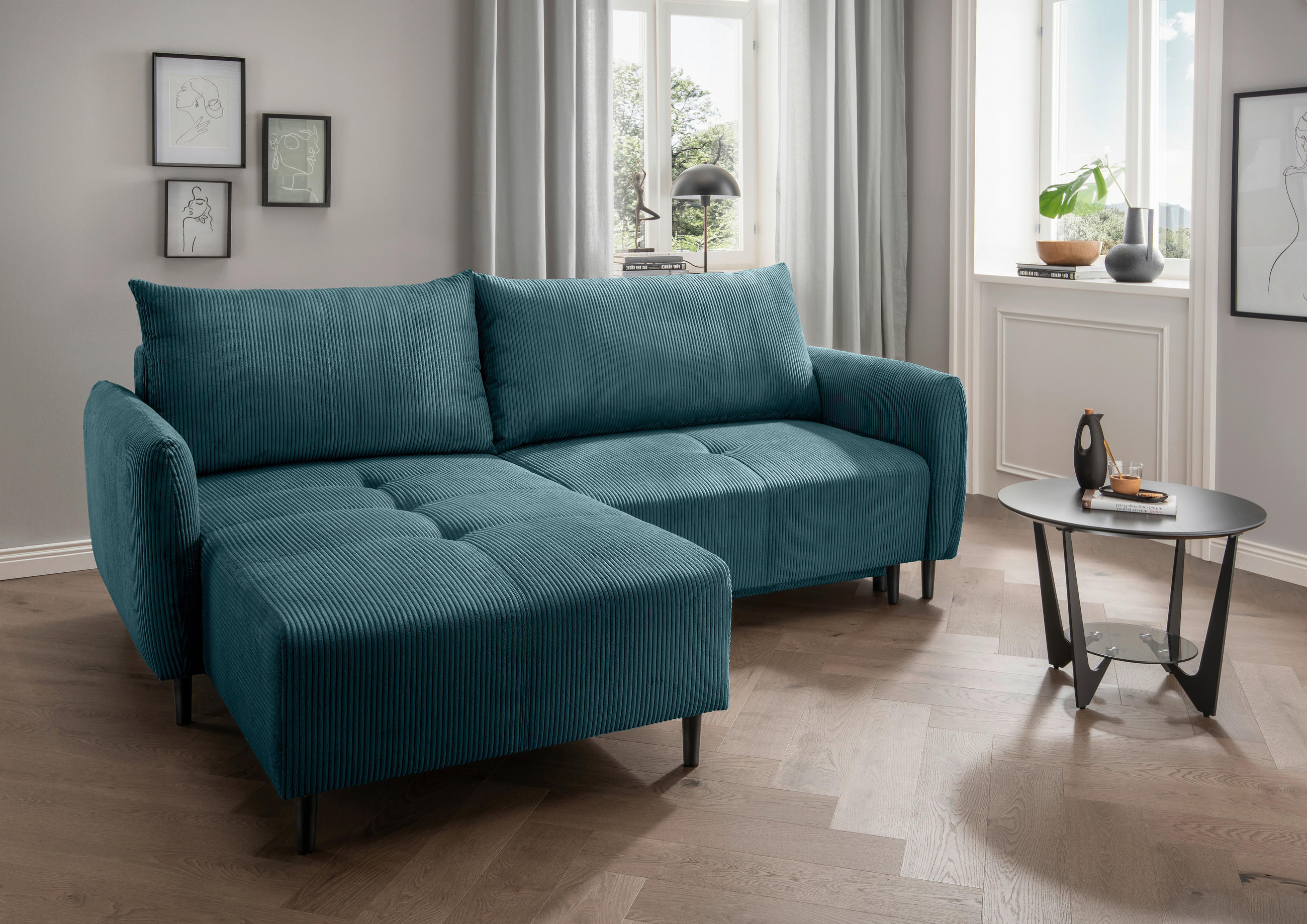 ECKSCHLAFSOFA in Cord Petrol  - Petrol/Schwarz, Basics, Holz/Textil (238/174cm) - Livetastic