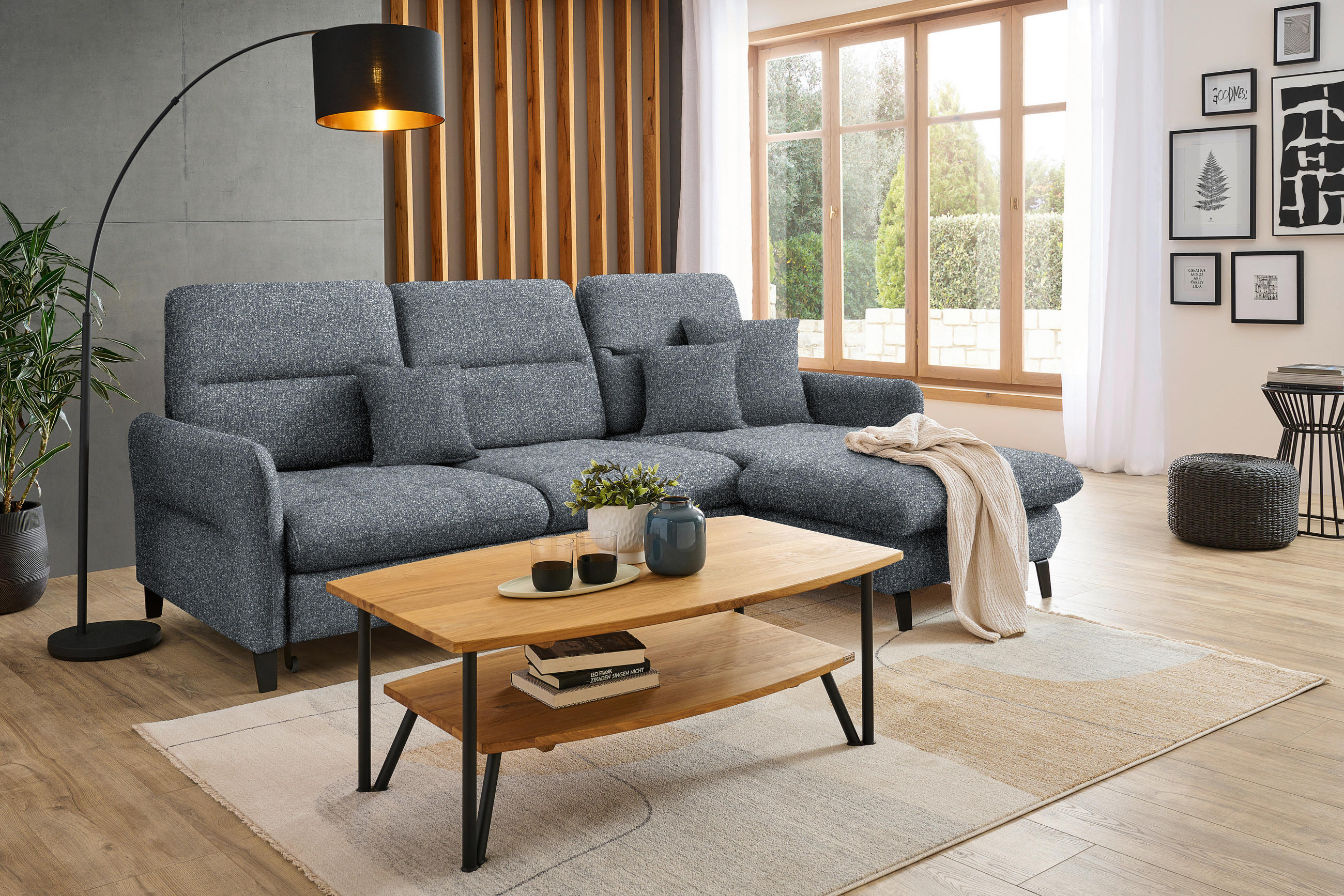 ECKSOFA Dunkelgrau Plüsch  - Dunkelgrau/Schwarz, KONVENTIONELL, Textil/Metall (254/190cm) - Livetastic