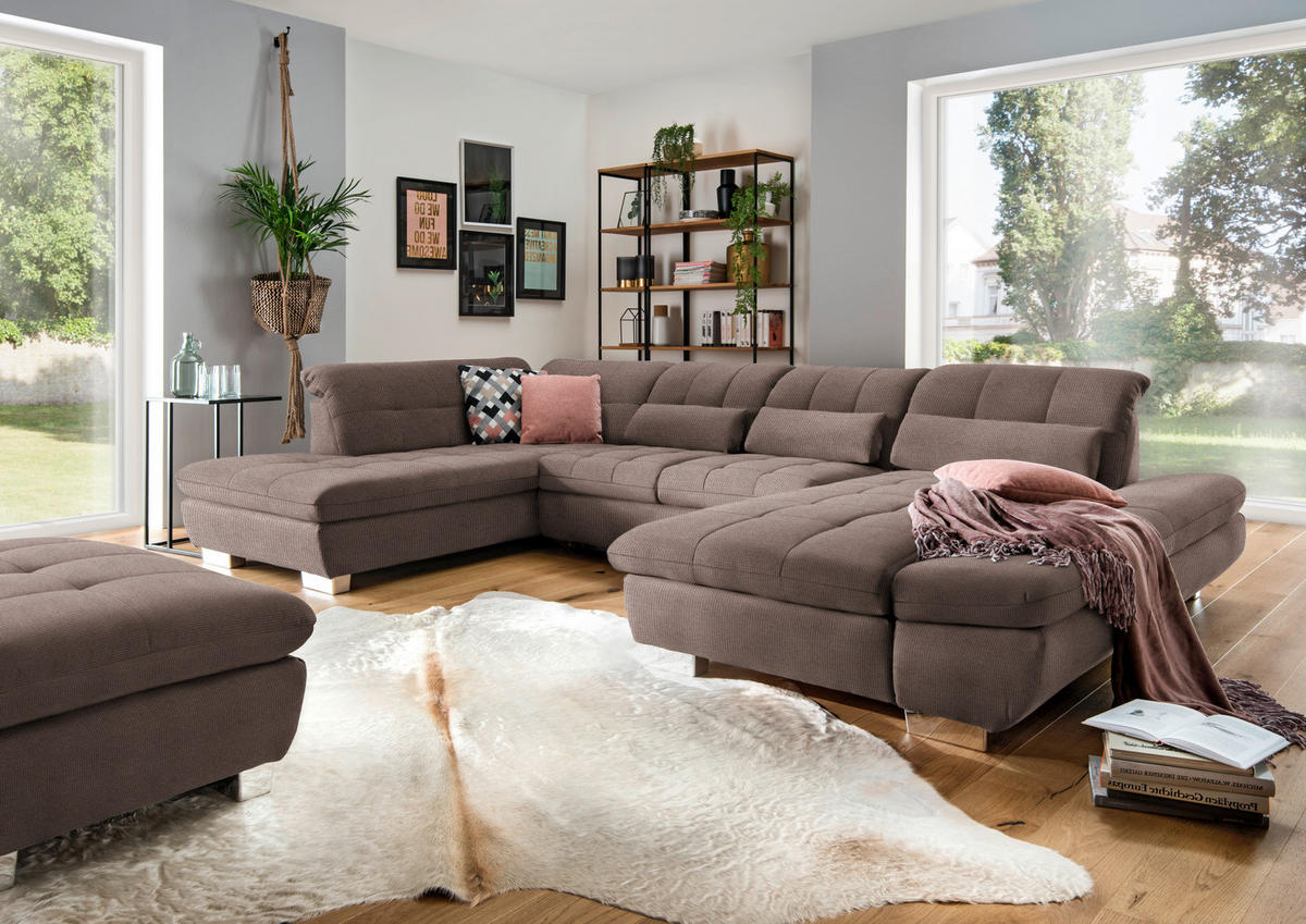 WOHNLANDSCHAFT in Mikrofaser Hellbraun  - Chromfarben/Hellbraun, Design, Kunststoff/Textil (211/350/204cm) - Xora