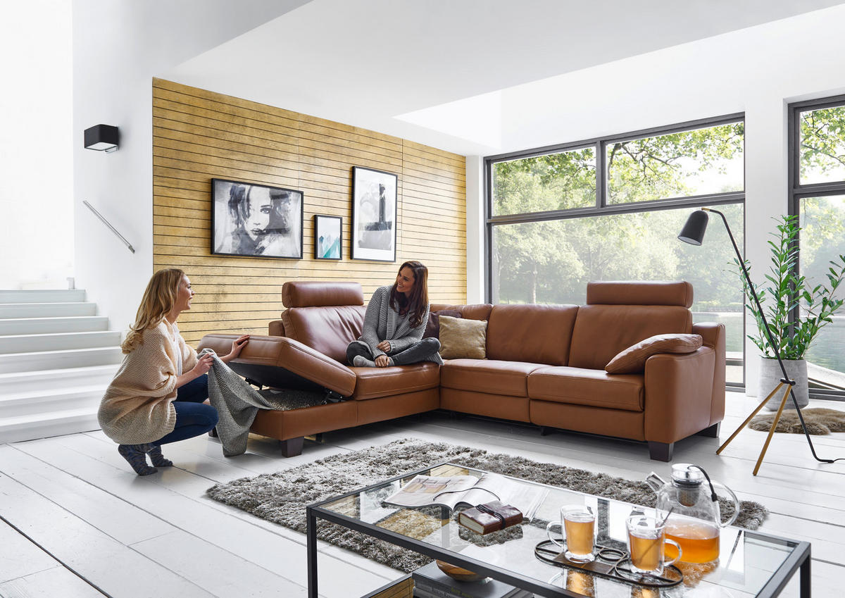 ECKSOFA in Echtleder Braun  - Eichefarben/Braun, Design, Leder/Holz (235/259cm) - Valdera