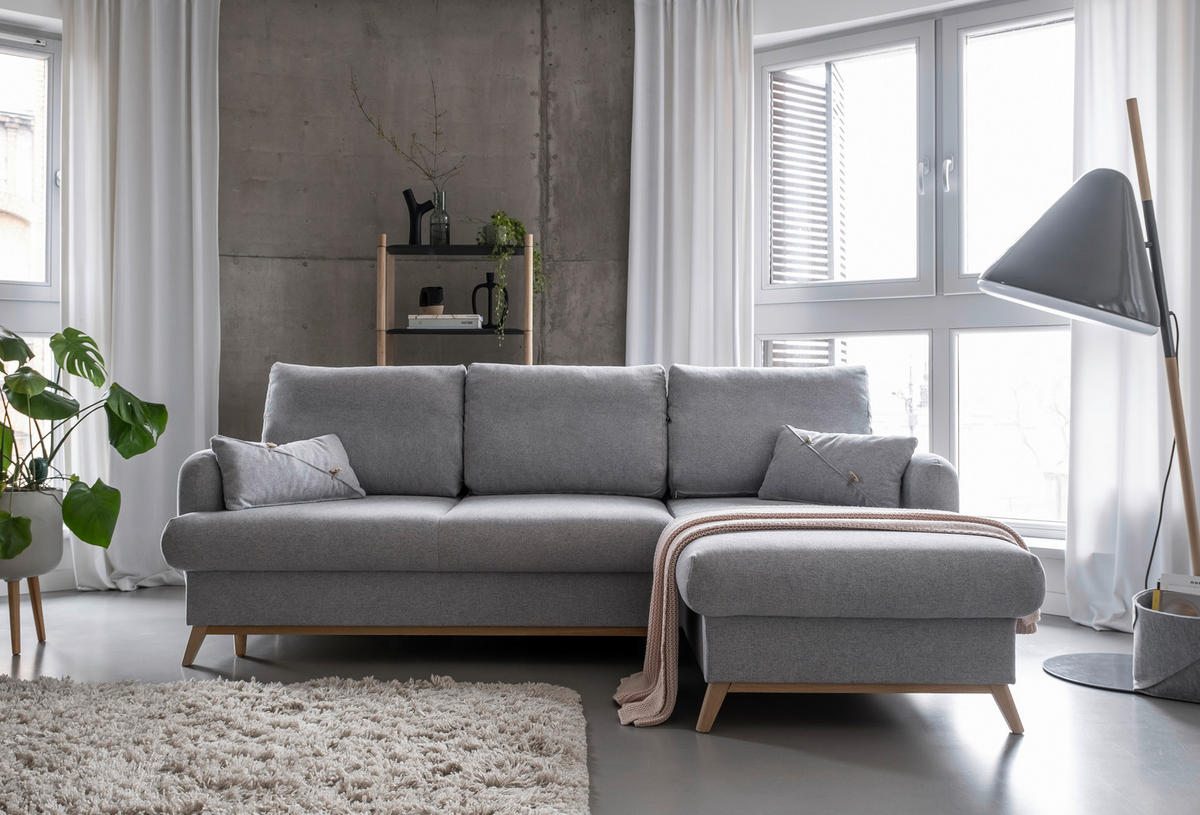 ECKSOFA in Chenille Hellgrau  - Hellgrau/Naturfarben, Holz/Textil (235/157cm) - MID.YOU
