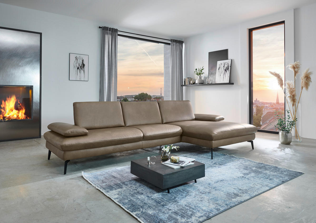 ECKSOFA in Echtleder Graubraun  - Graubraun/Schwarz, Design, Leder/Metall (325/157cm) - Dieter Knoll