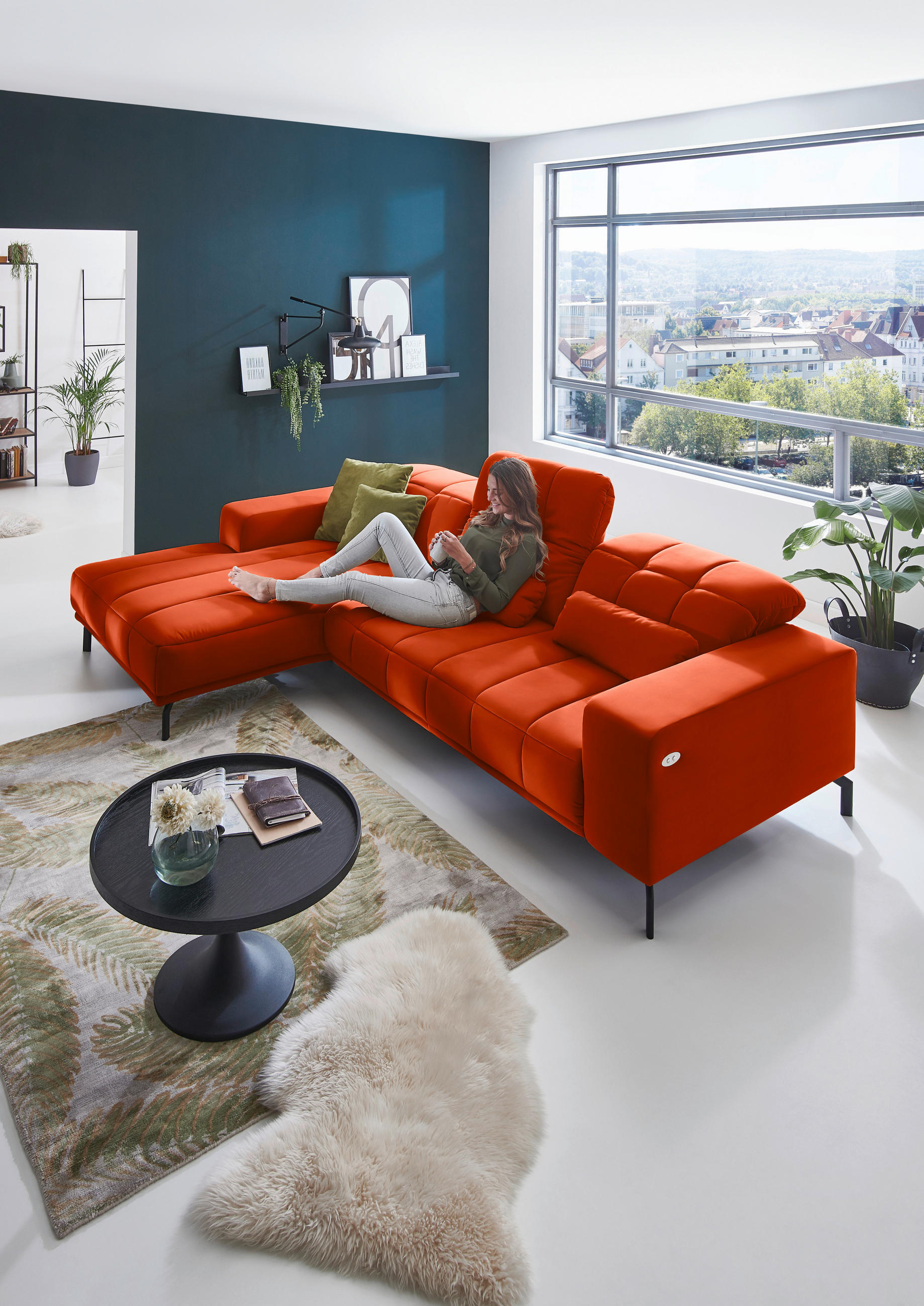 ECKSOFA Orange Velours  - Schwarz/Orange, Design, Textil/Metall (195/293cm) - Beldomo Style