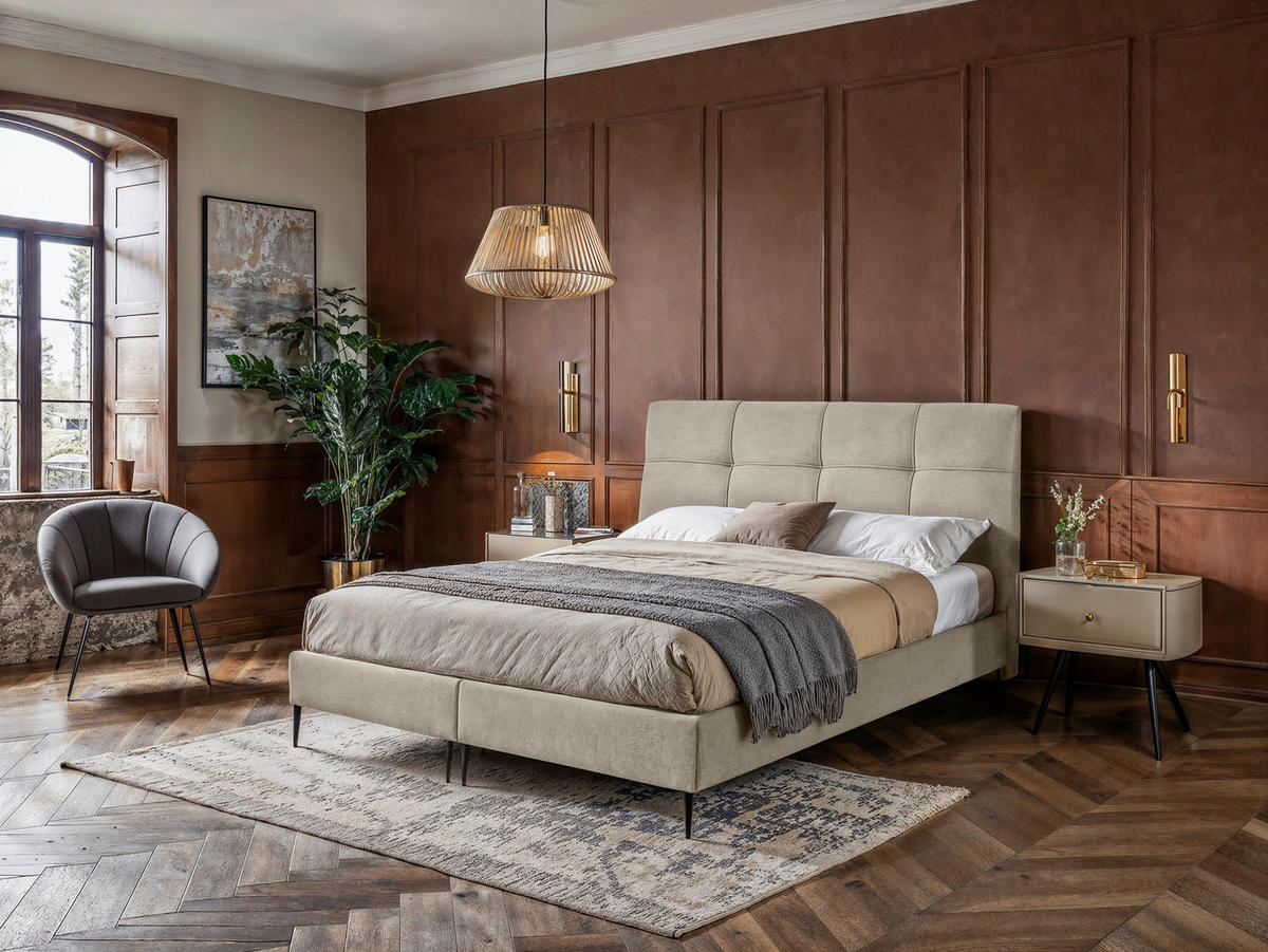 BOXSPRINGOVÁ POSTEĽ, 180/200 cm, krémová - čierna/prírodná farba, Modern, kov/kompozitné drevo (180/200cm) - MID.YOU