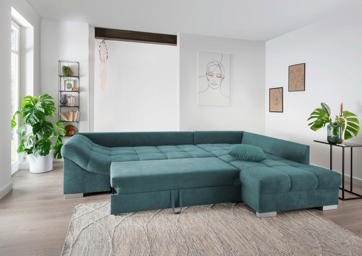 ECKSCHLAFSOFA in Petrol Textil   - Silberfarben/Petrol, Design, Holz/Textil (298/202cm) - MID.YOU
