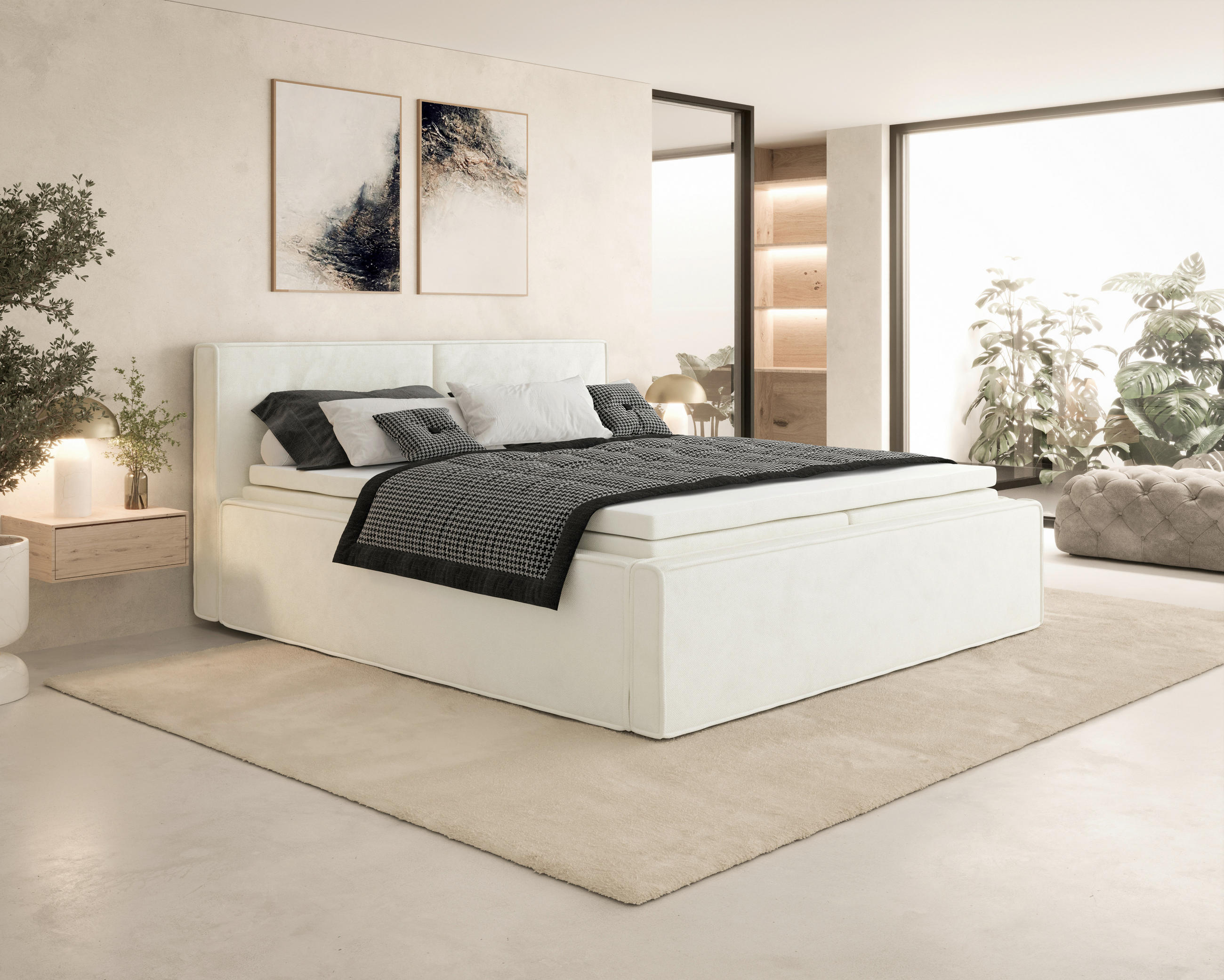 BOXBETT 180/200 cm,  in Beige, Bettkasten, Topper, H2 = mittel  - Beige, MODERN, Textil (180/200cm) - MID.YOU