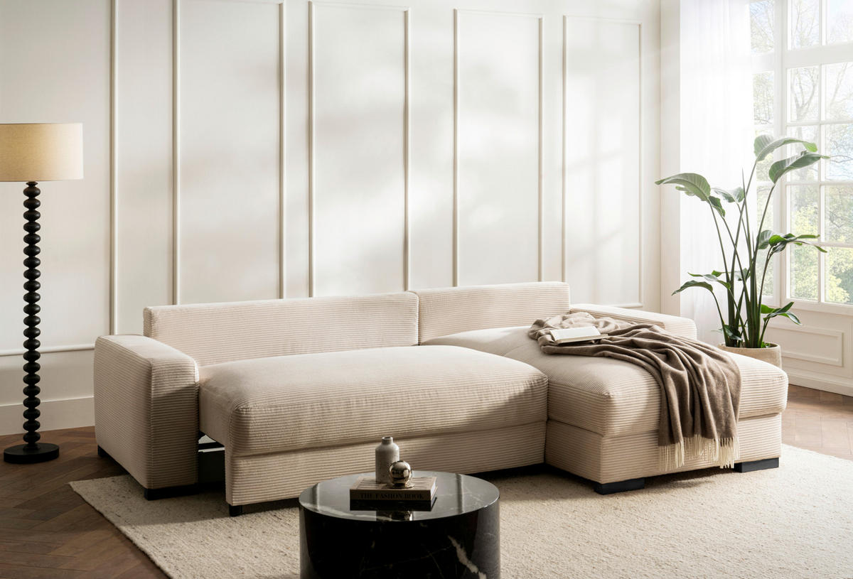 ECKSOFA in Cord Creme  - Creme/Schwarz, Design, Holz/Textil (264/184cm) - Stylife