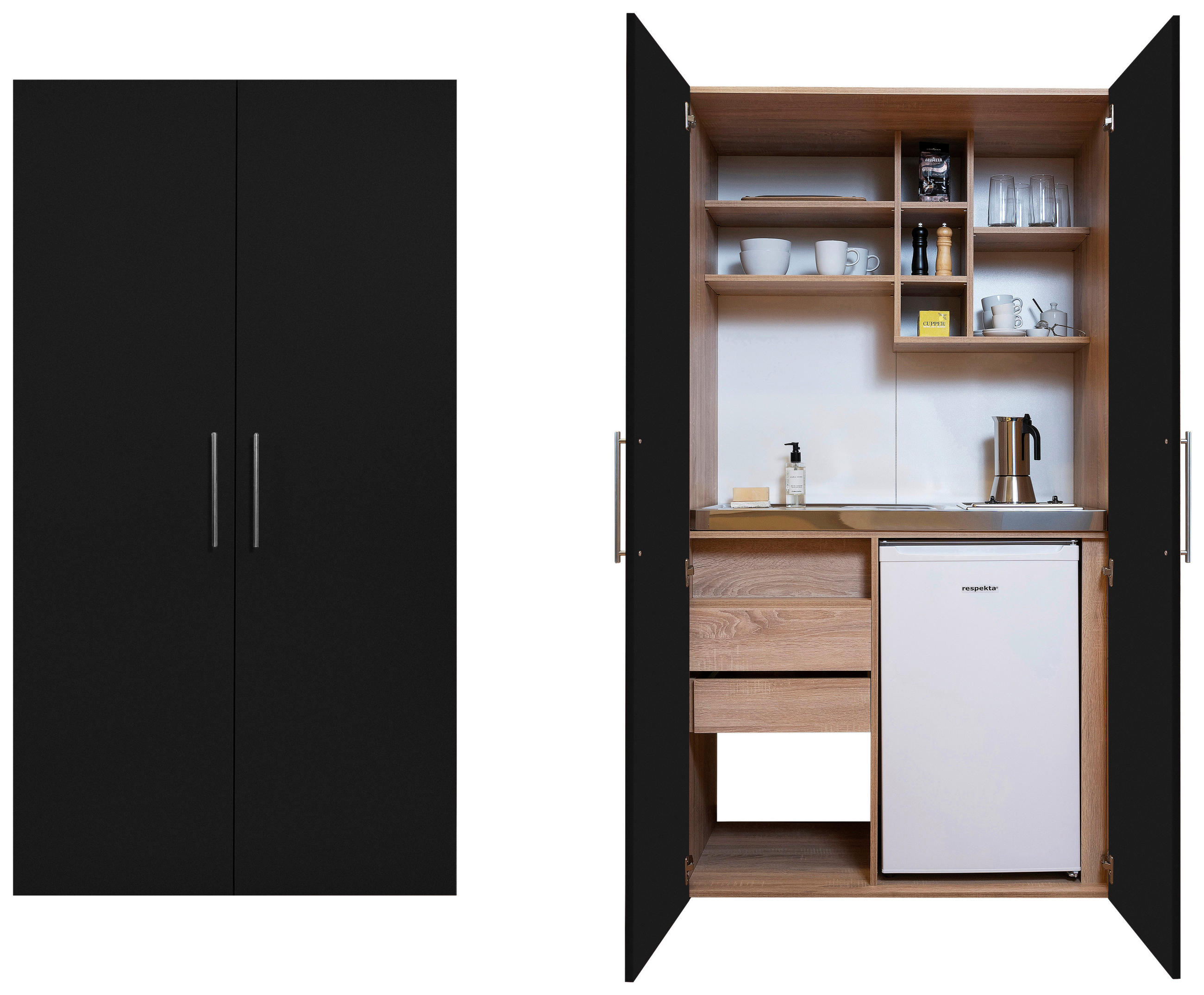 SCHRANKKÜCHE  104/193/67 cm  in Schwarz, Eichefarben  - Edelstahlfarben/Eichefarben, KONVENTIONELL, Holzwerkstoff/Metall (104/193/67cm) - Respekta
