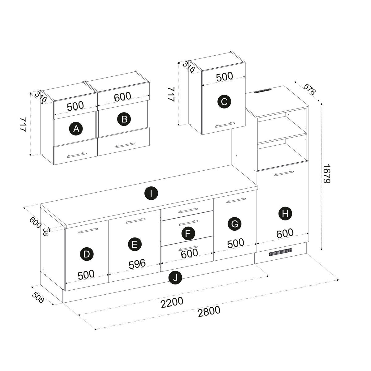 KÜCHENBLOCK 280 cm   in Schwarz, Eiche Artisan  - Schwarz/Eiche Artisan, Basics, Glas/Holzwerkstoff (280cm) - P & B