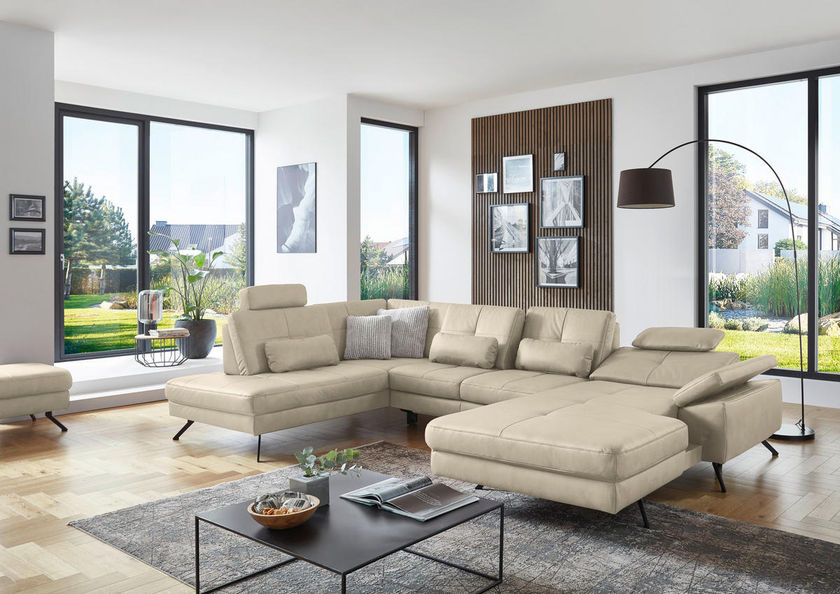 WOHNLANDSCHAFT in Lederlook, Mikrofaser Beige  - Beige/Schwarz, Design, Textil/Metall (220/345/179cm) - Beldomo System