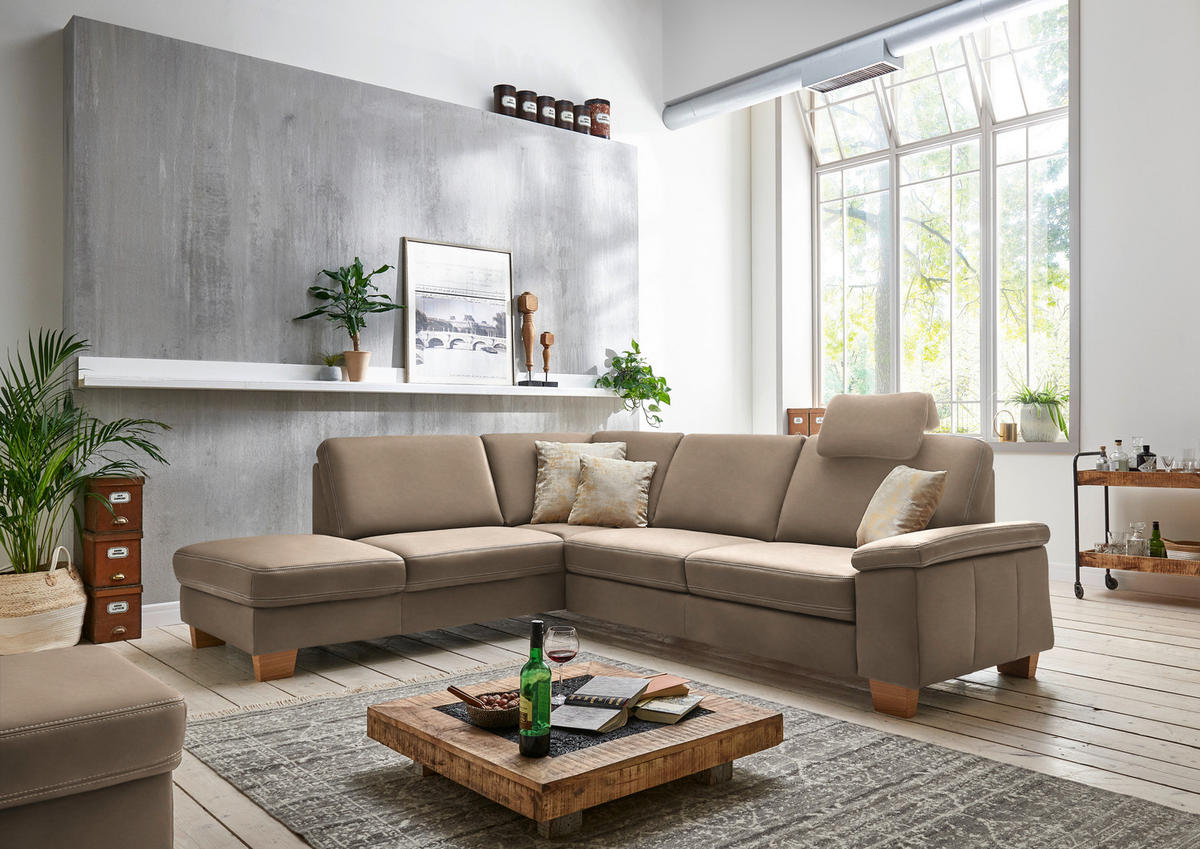 ECKSOFA  in Echtleder Greige  235/274 cm  - Greige/Eichefarben, KONVENTIONELL, Leder/Holzwerkstoff (235/274cm) - Beldomo Premium