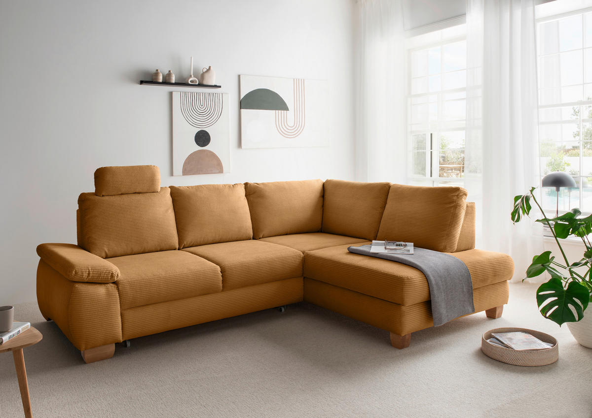ECKSCHLAFSOFA Cord Goldfarben  - Wildeiche/Goldfarben, MODERN, Holz/Textil (261/206cm) - Livetastic
