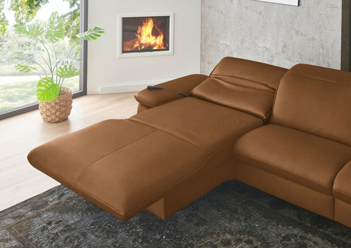 ECKSOFA  Echtleder Cognac  - Cognac/Schwarz, Design, Leder/Metall (169/307cm) - Beldomo Premium