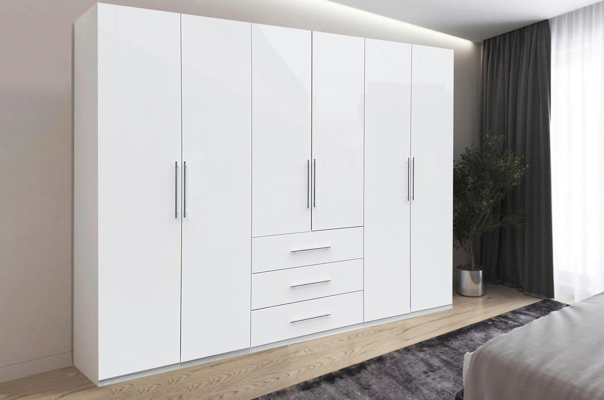 KLEIDERSCHRANK 294/219/59 cm 6-türig Weiß Hochglanz, Weiß  - Weiß Hochglanz/Alufarben, KONVENTIONELL, Holzwerkstoff/Metall (294/219/59cm) - Carryhome