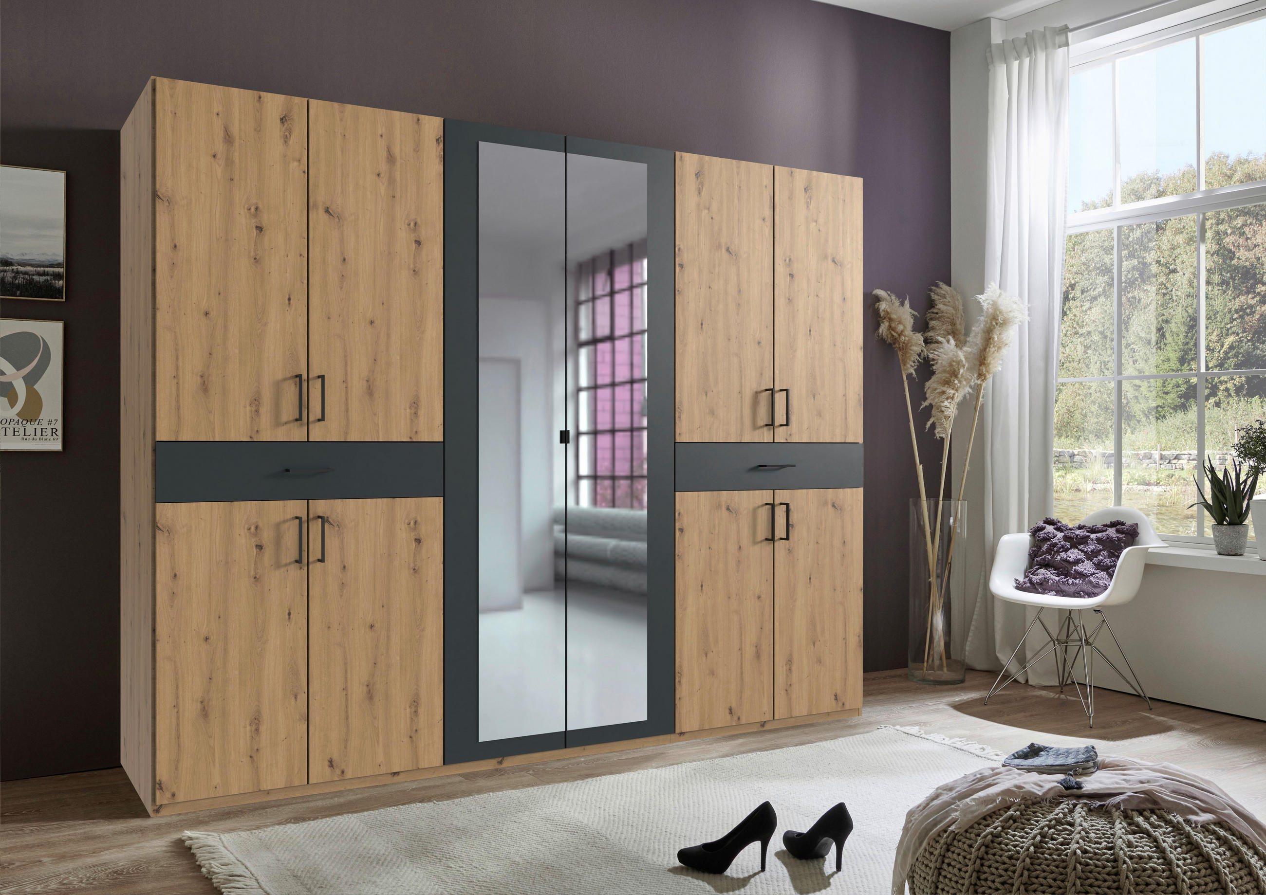 DREHTÜRENSCHRANK in Eiche Artisan, Graphitfarben  - Graphitfarben/Schwarz, Konventionell, Glas/Holzwerkstoff (270/208/58cm) - Carryhome