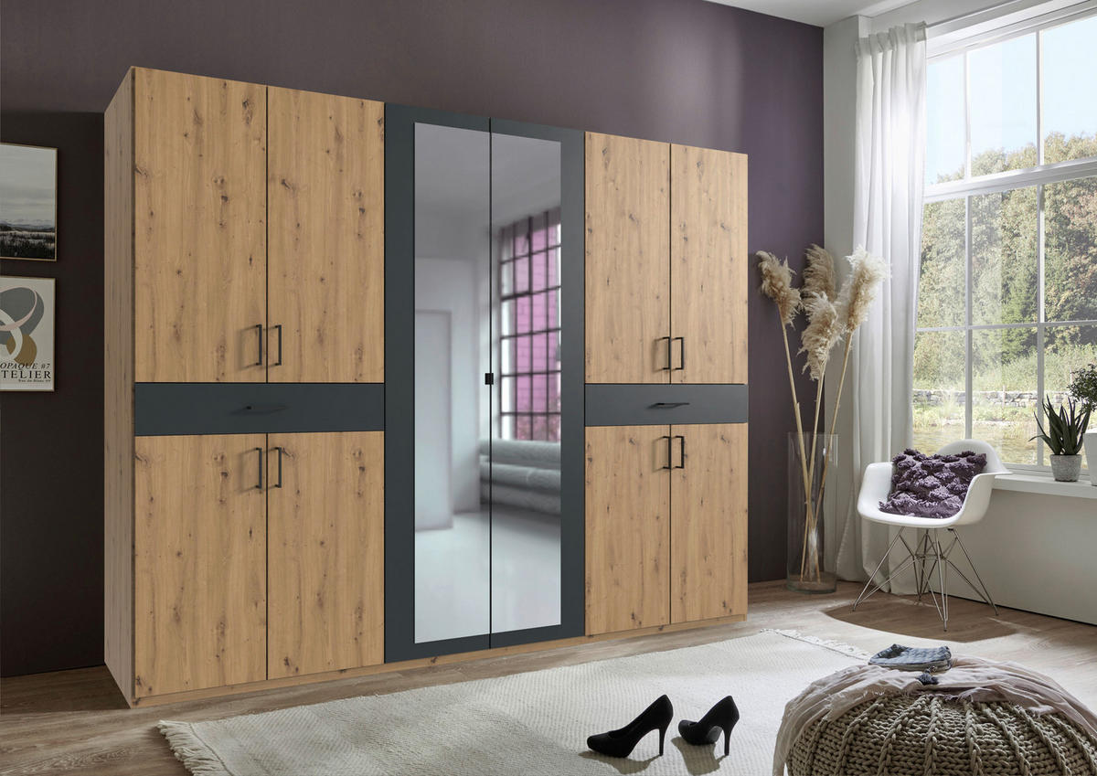 DREHTÜRENSCHRANK in Eiche Artisan, Graphitfarben  - Graphitfarben/Schwarz, Konventionell, Glas/Holzwerkstoff (270/208/58cm) - Carryhome