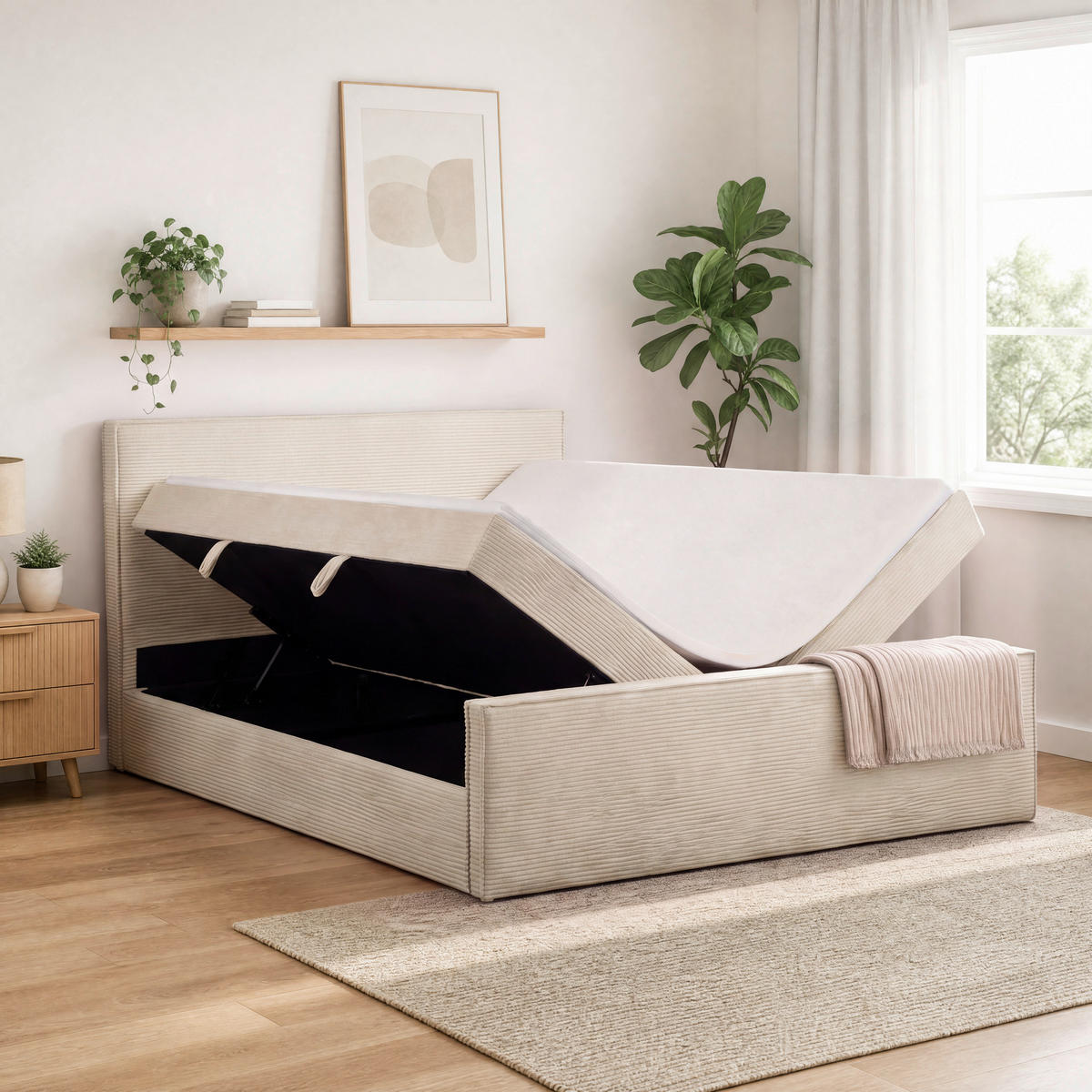 BOXBETT 180/200 cm,  in Beige, gepolstertes Kopfteil, Bettkasten, Topper, Matratzen, H3 + H3 = fest  - Beige/Schwarz, Basics, Kunststoff/Textil (180/200cm) - Chameo