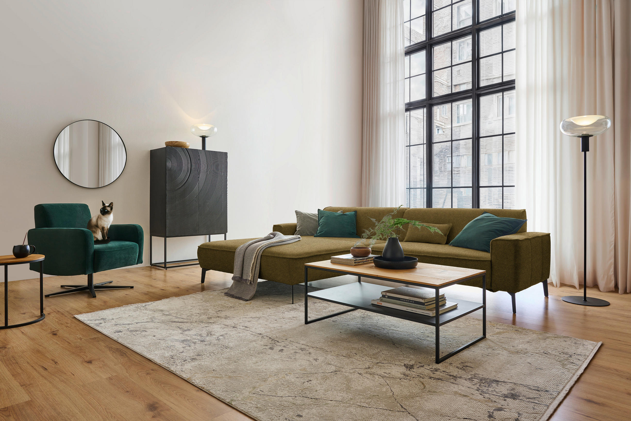 ECKSOFA in Flachgewebe Khaki  - Khaki/Schwarz, Design, Textil/Metall (190/285cm) - Johann Jakob