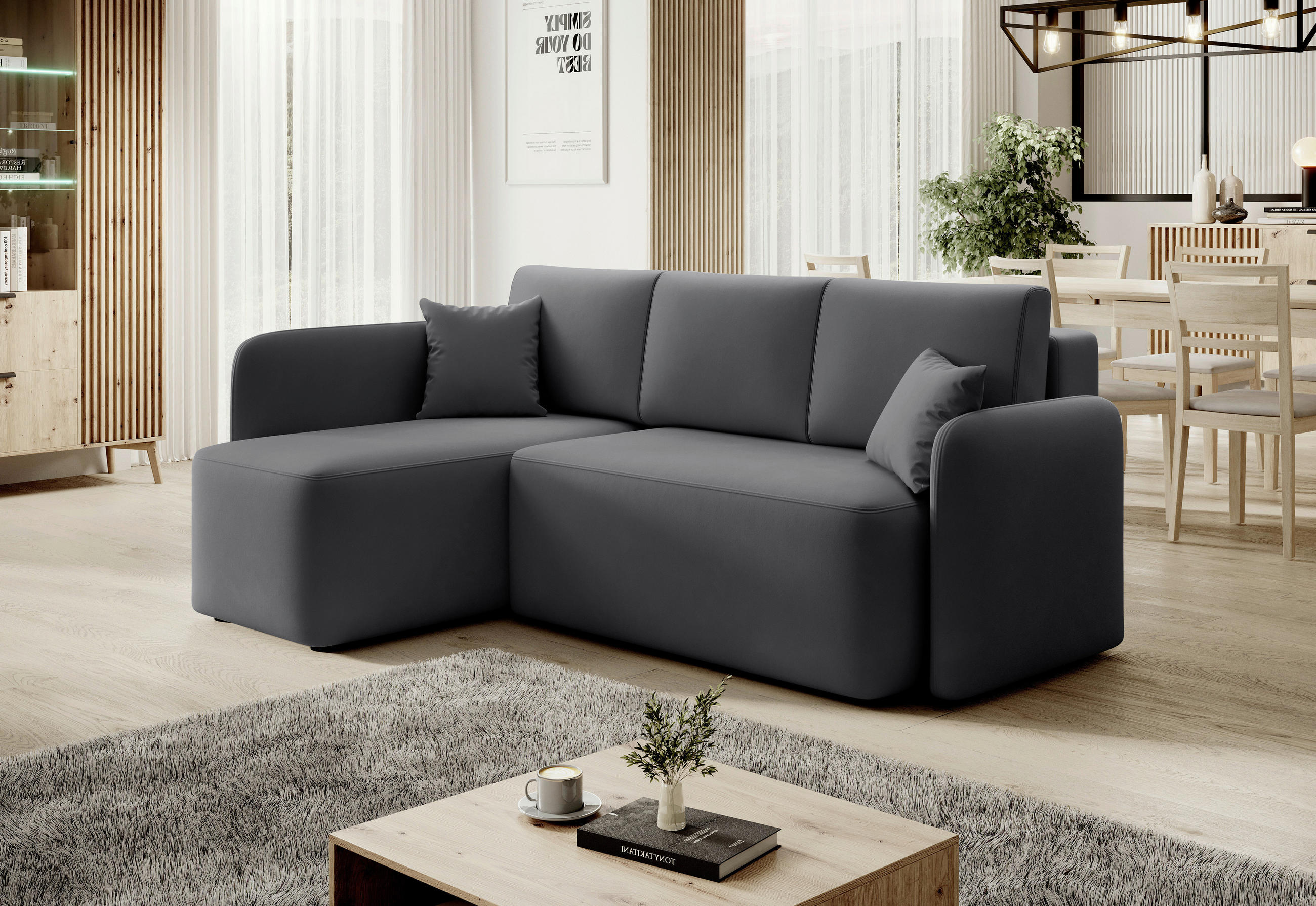 ECKSOFA Plüsch Grau  - Schwarz/Grau, Design, Kunststoff/Textil (150/206cm) - MID.YOU