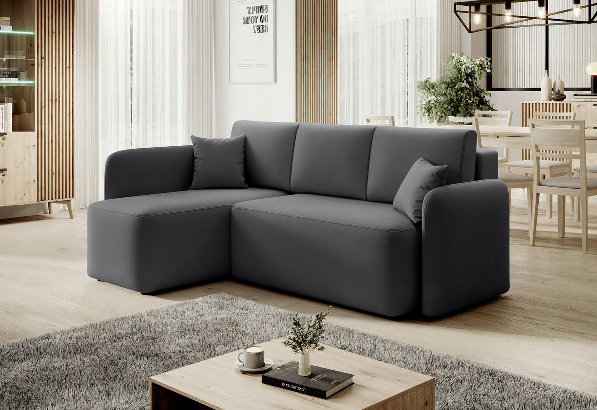 ECKSOFA Plüsch Grau  - Schwarz/Grau, Design, Kunststoff/Textil (150/206cm) - P & B