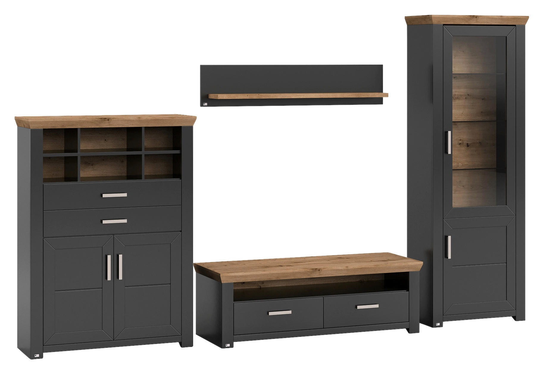 WOHNWAND  in Graphitfarben, Eiche Artisan  340/206,6/51,2 cm  - Graphitfarben/Eiche Artisan, Design, Glas/Holzwerkstoff (340/206,6/51,2cm) - SetOne by Musterring