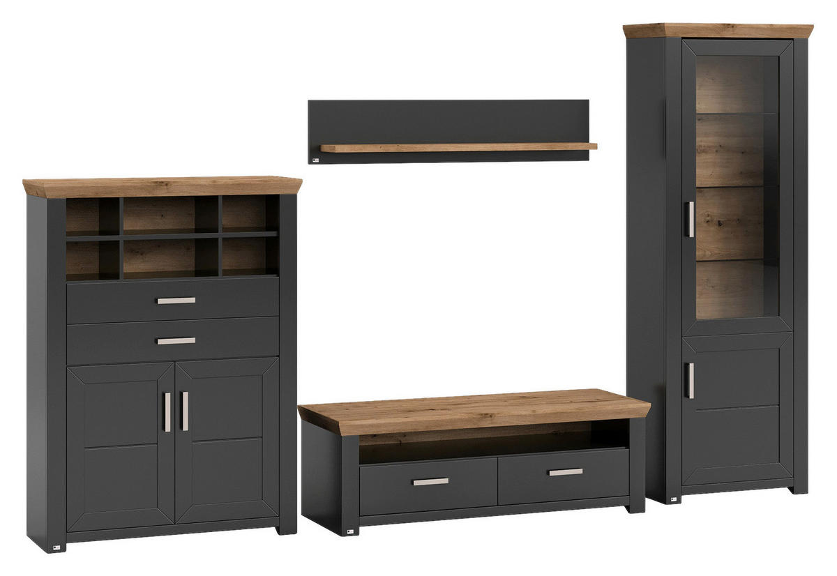 WOHNWAND  in Graphitfarben, Eiche Artisan  340/206,6/51,2 cm  - Graphitfarben/Eiche Artisan, Design, Glas/Holzwerkstoff (340/206,6/51,2cm) - SetOne by Musterring