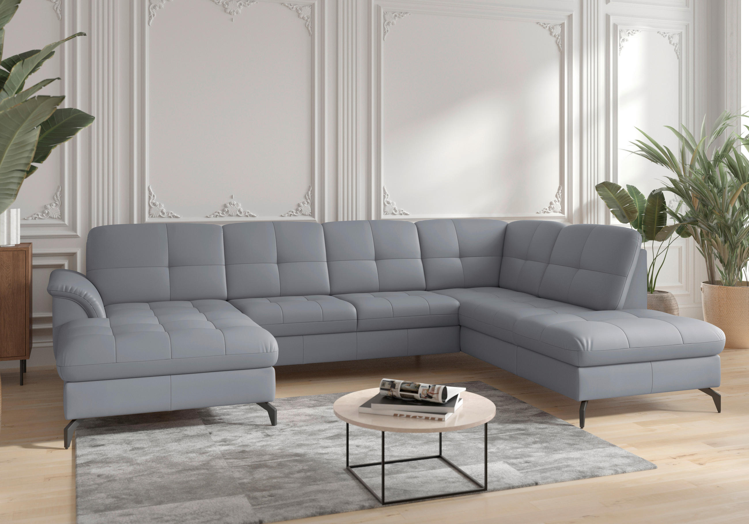 WOHNLANDSCHAFT in Vliesstoff Kombination Echtleder/Stoff Graublau  - Graublau/Schwarz, MODERN, Leder/Textil (164/319/212cm) - Sit & More