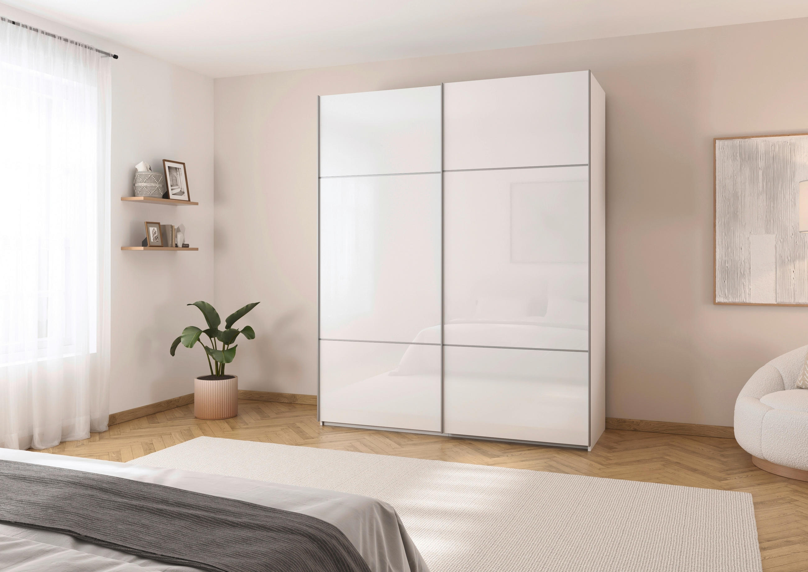 SCHWEBETÜRENSCHRANK 181/223/67 cm 2-türig Weiß - Alufarben/Weiß, KONVENTIONELL, Glas/Holzwerkstoff (181/223/67cm) - Novel