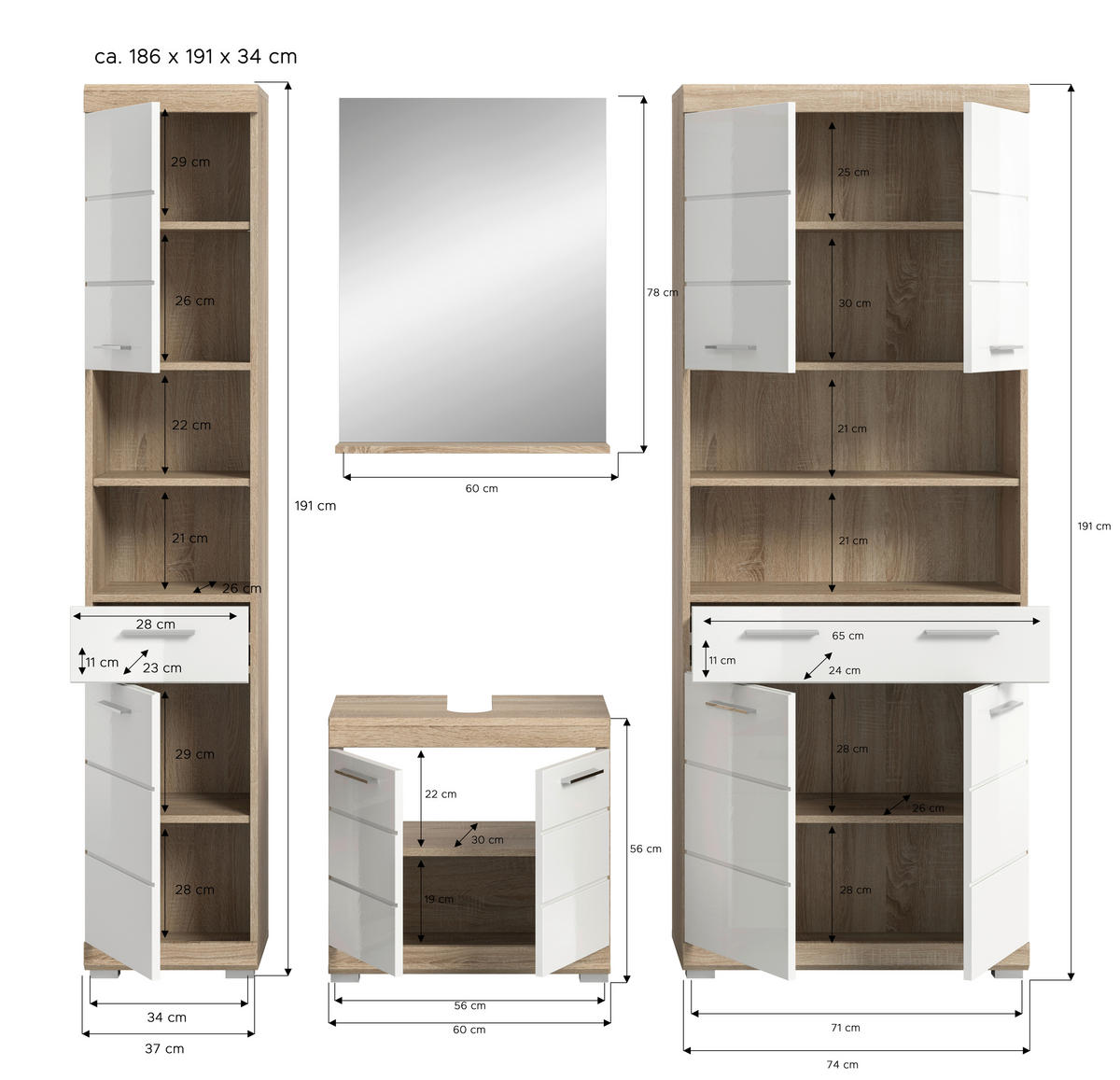 BADEZIMMER 4-teilig  in 171 cm  - Weiß Hochglanz/Silberfarben, MODERN, Glas/Holzwerkstoff (171cm) - MID.YOU