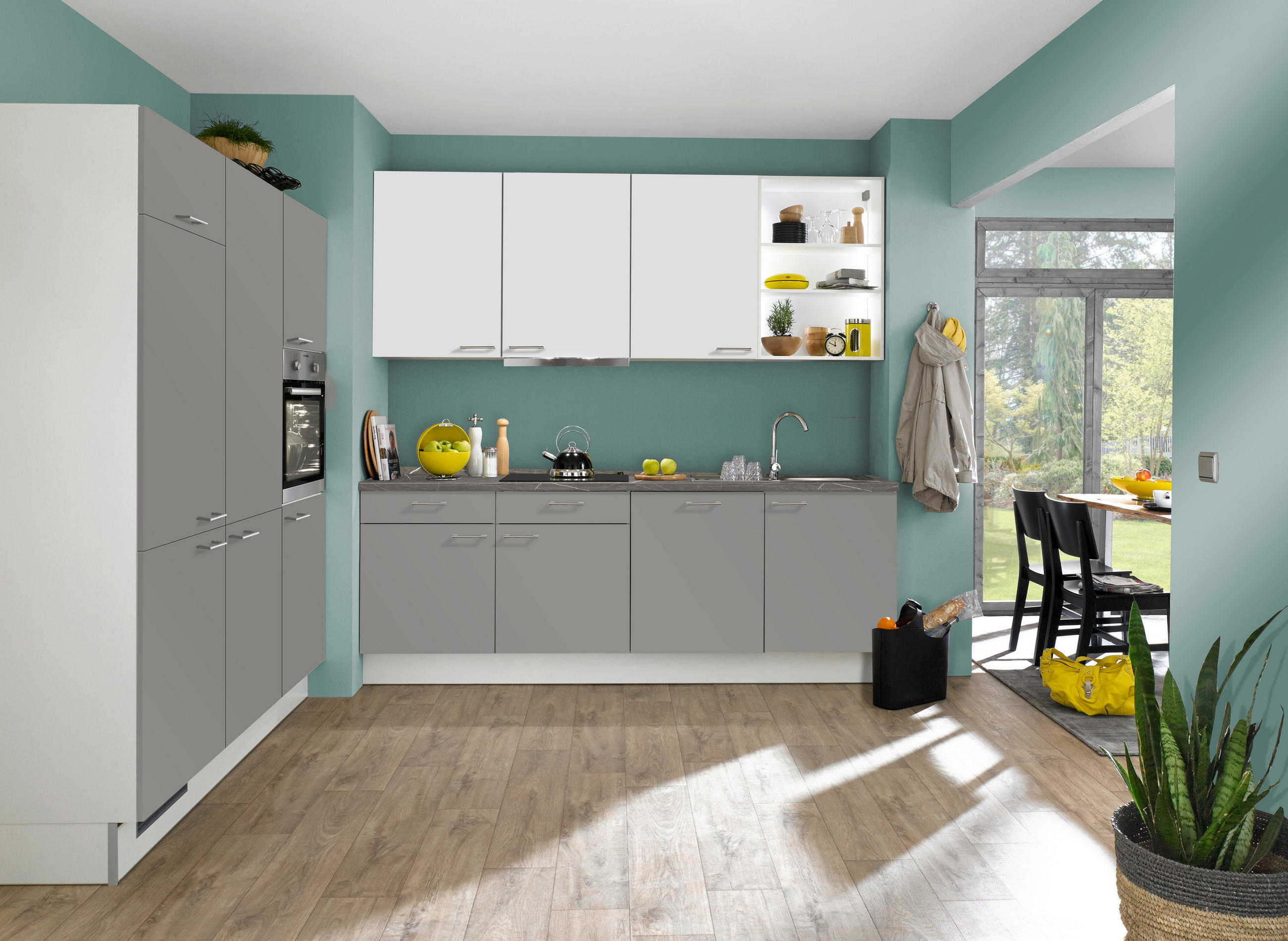 ECKKÜCHE 180/240 cm in Weiß, Dunkelgrau - Edelstahlfarben/Dunkelgrau, Design, Holzwerkstoff/Metall (180/240cm) - Xora