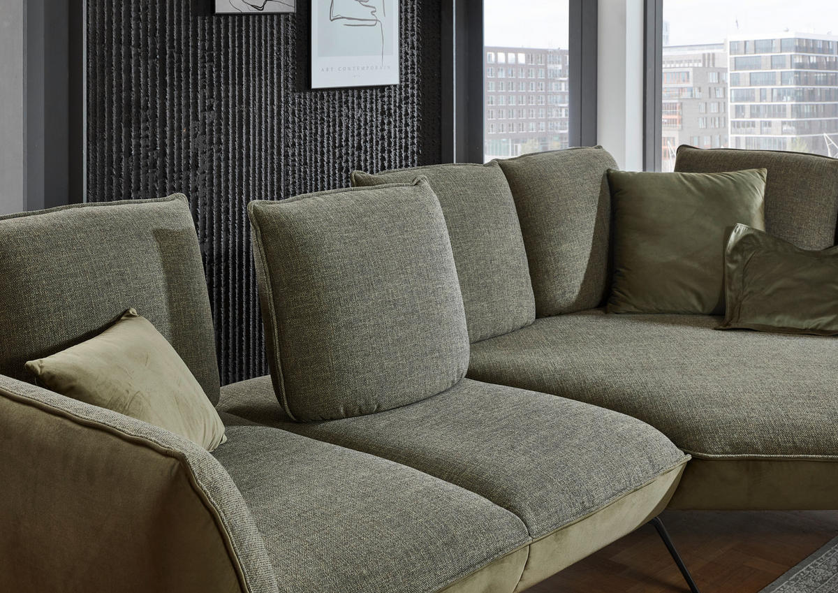 ECKSOFA in Flachgewebe Olivgrün  - Schwarz/Olivgrün, Design, Textil/Metall (320/169cm) - Moderano