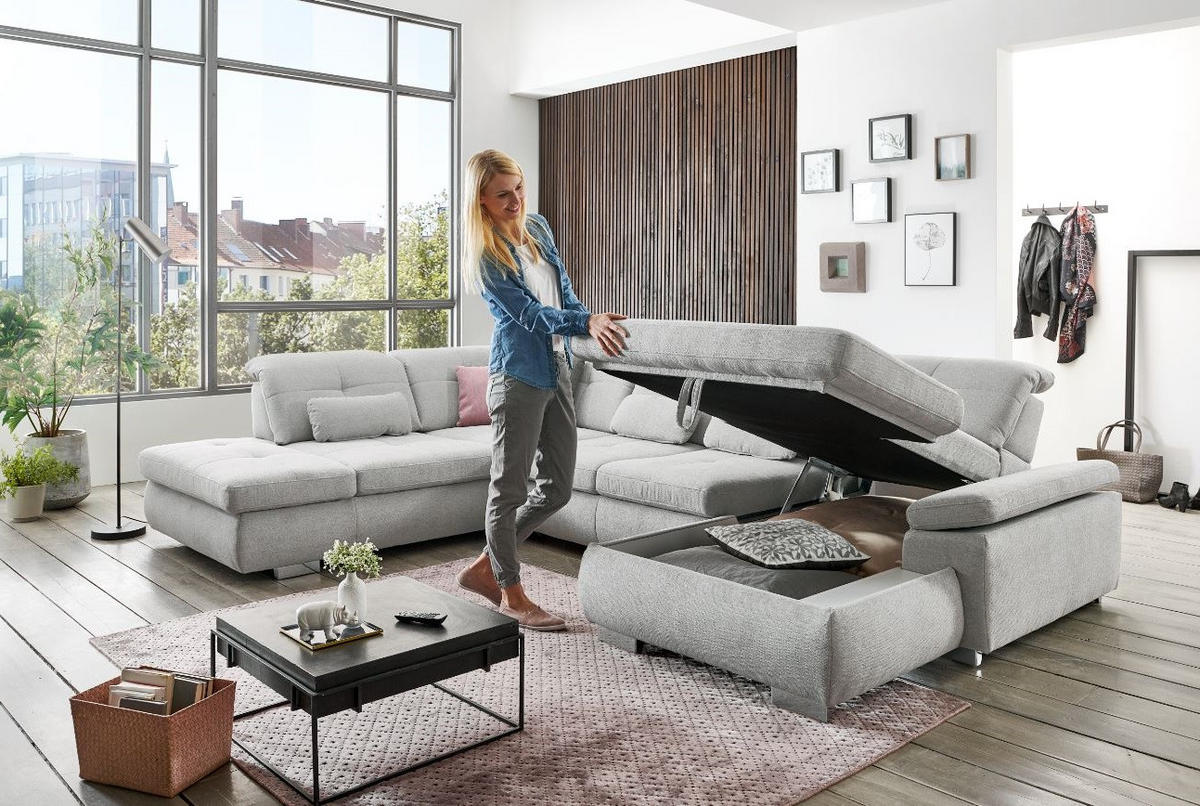 SAROKKANAPÉ fa, faalapú anyag szürke  - króm/szürke, Design, faalapú anyag/fa (260/371/195cm) - Beldomo Style