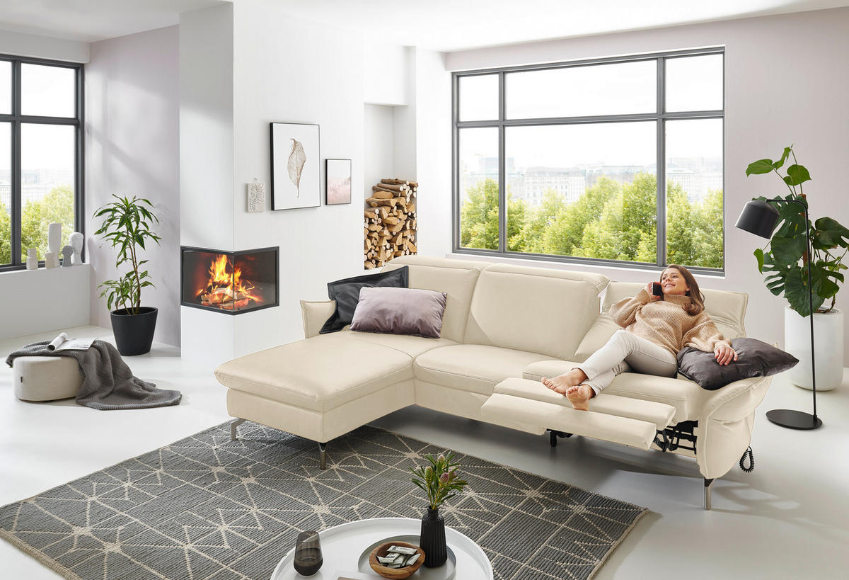 ECKSOFA Ecru Lederlook (vegan)  - Ecru/Nickelfarben, MODERN, Textil/Metall (179/233cm) - Livetastic