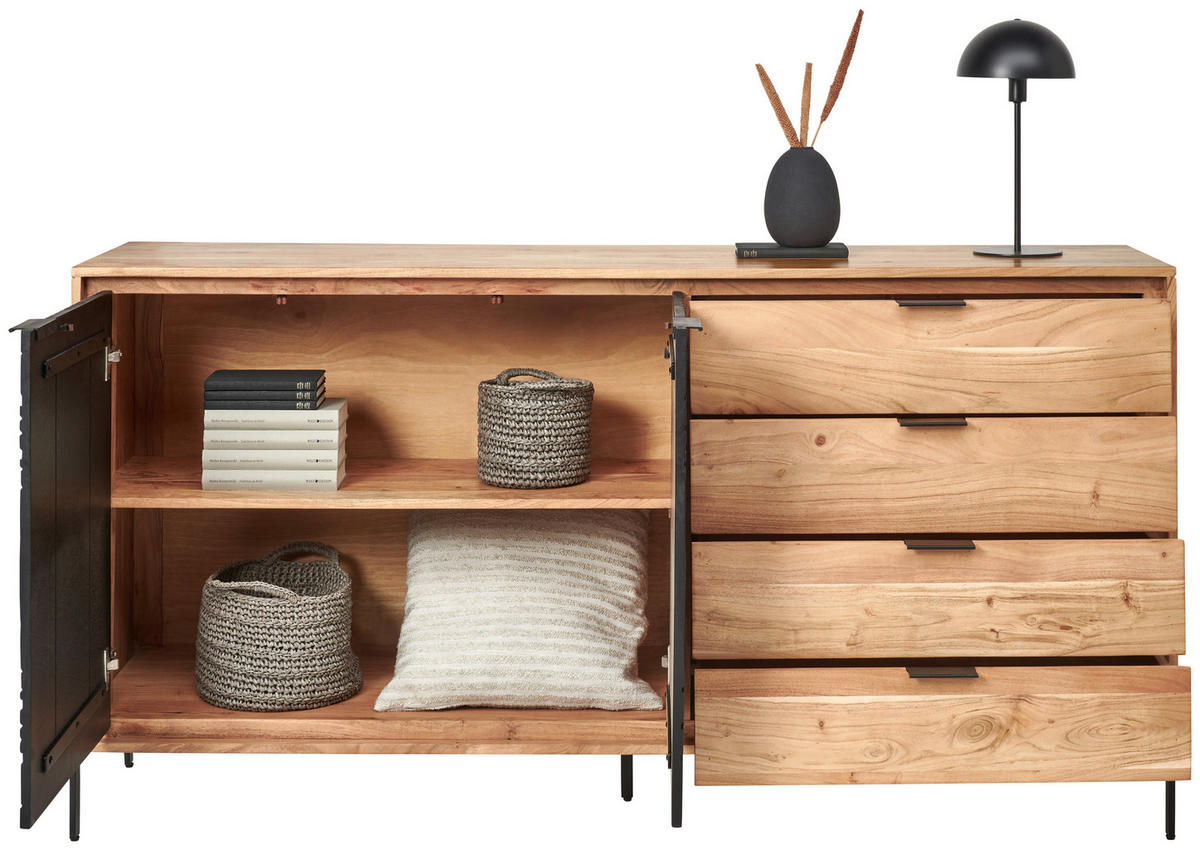 TÁLALÓSZEKRÉNY 175/90/40 cm  - akáciaszínű/fekete, Design, fém/fa (175/90/40cm) - Ambia Home