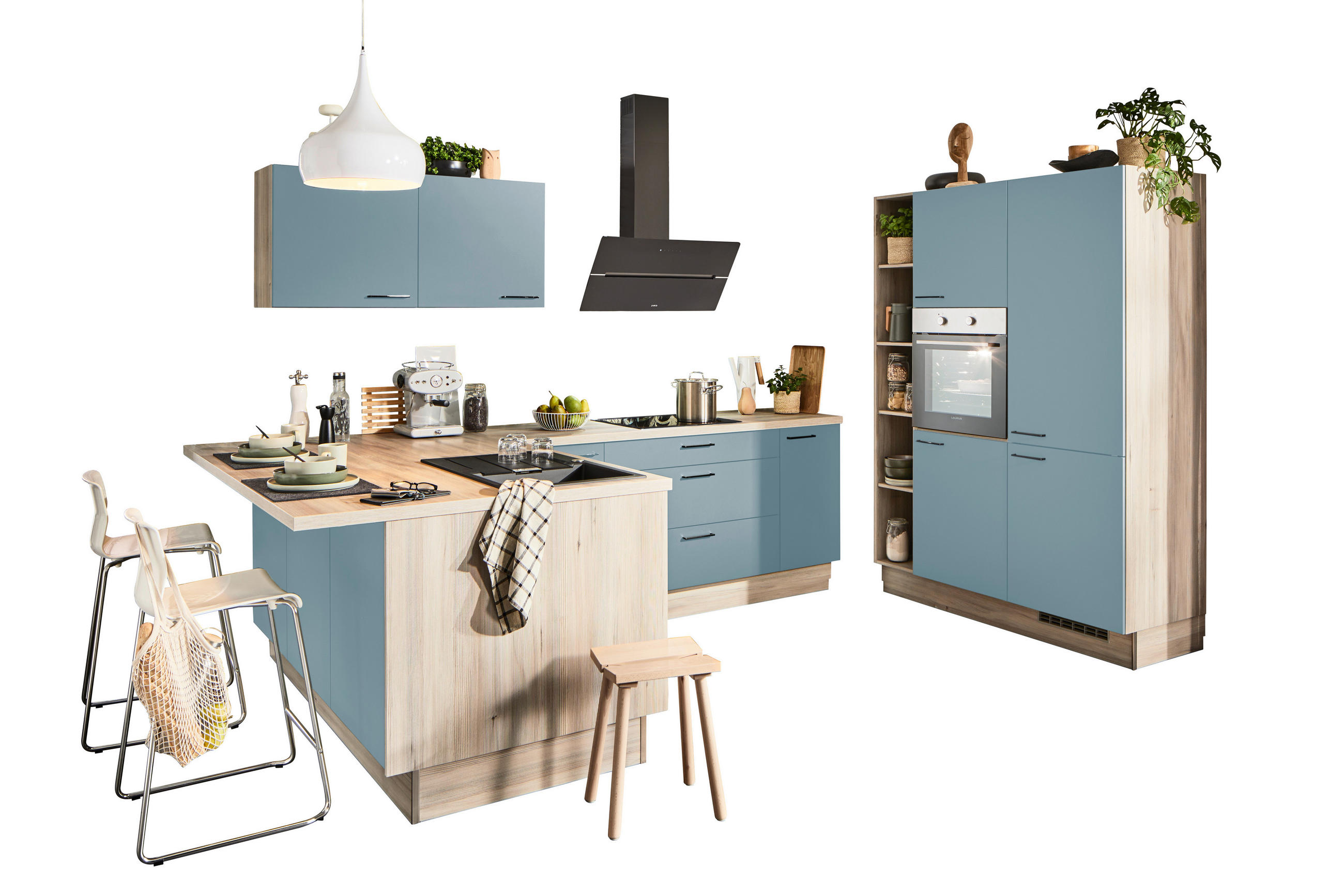 ECKKÜCHE  in Pastellblau, Tannenholzfarben  - Pastellblau/Tannenholzfarben, Design, Holzwerkstoff/Metall (121,6/280/150cm) - Xora