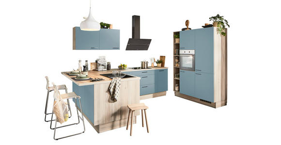 ECKKÜCHE  in Pastellblau, Tannenholzfarben  - Pastellblau/Tannenholzfarben, Design, Holzwerkstoff/Metall (121,6/280/150cm) - Xora